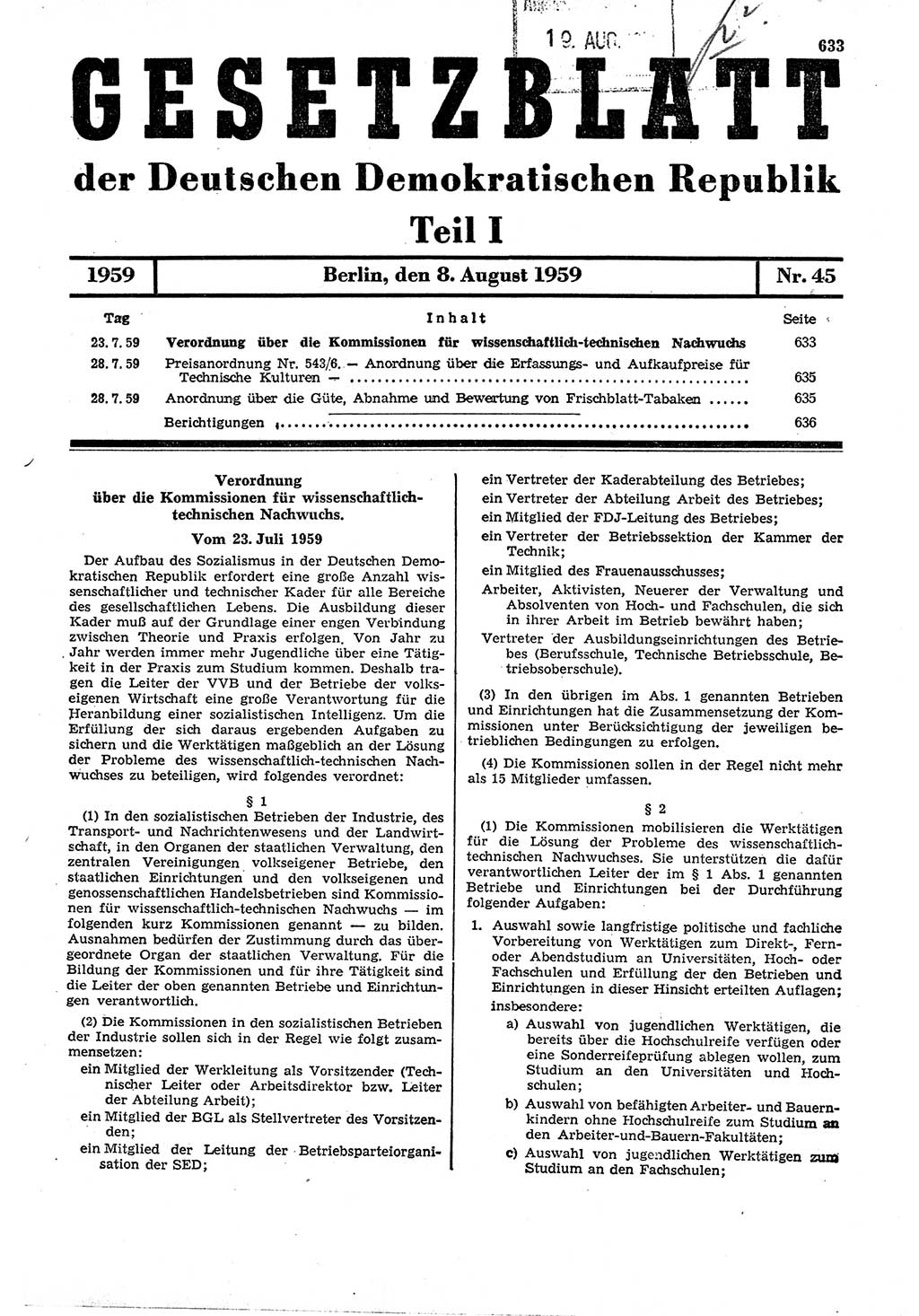 Gesetzblatt (GBl.) der Deutschen Demokratischen Republik (DDR) Teil Ⅰ 1959, Seite 633 (GBl. DDR Ⅰ 1959, S. 633)