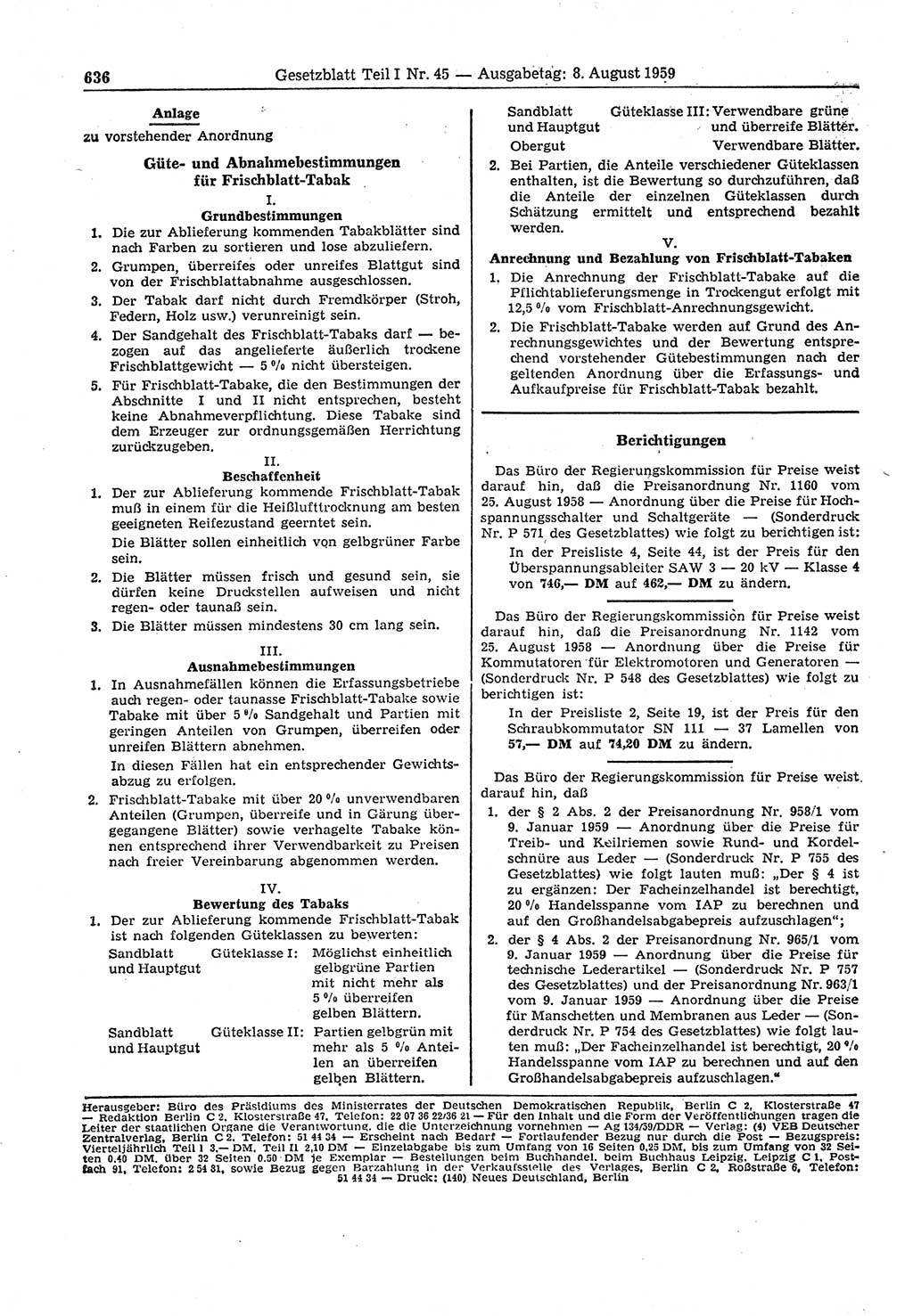 Gesetzblatt (GBl.) der Deutschen Demokratischen Republik (DDR) Teil Ⅰ 1959, Seite 636 (GBl. DDR Ⅰ 1959, S. 636)