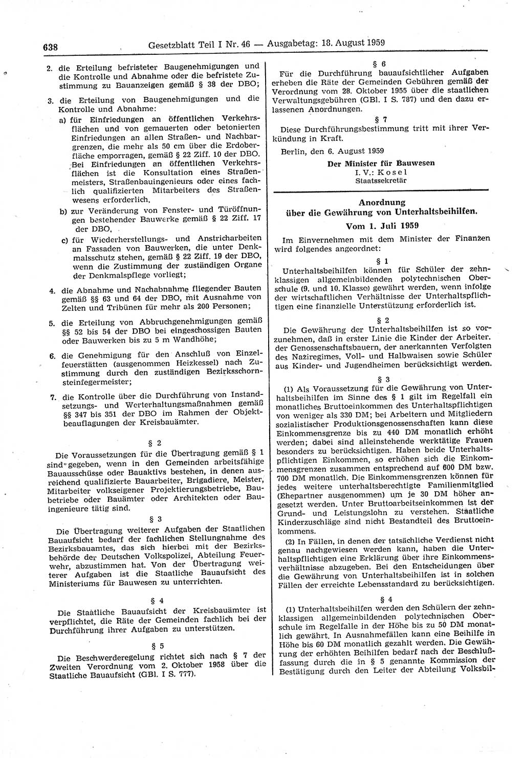 Gesetzblatt (GBl.) der Deutschen Demokratischen Republik (DDR) Teil Ⅰ 1959, Seite 638 (GBl. DDR Ⅰ 1959, S. 638)