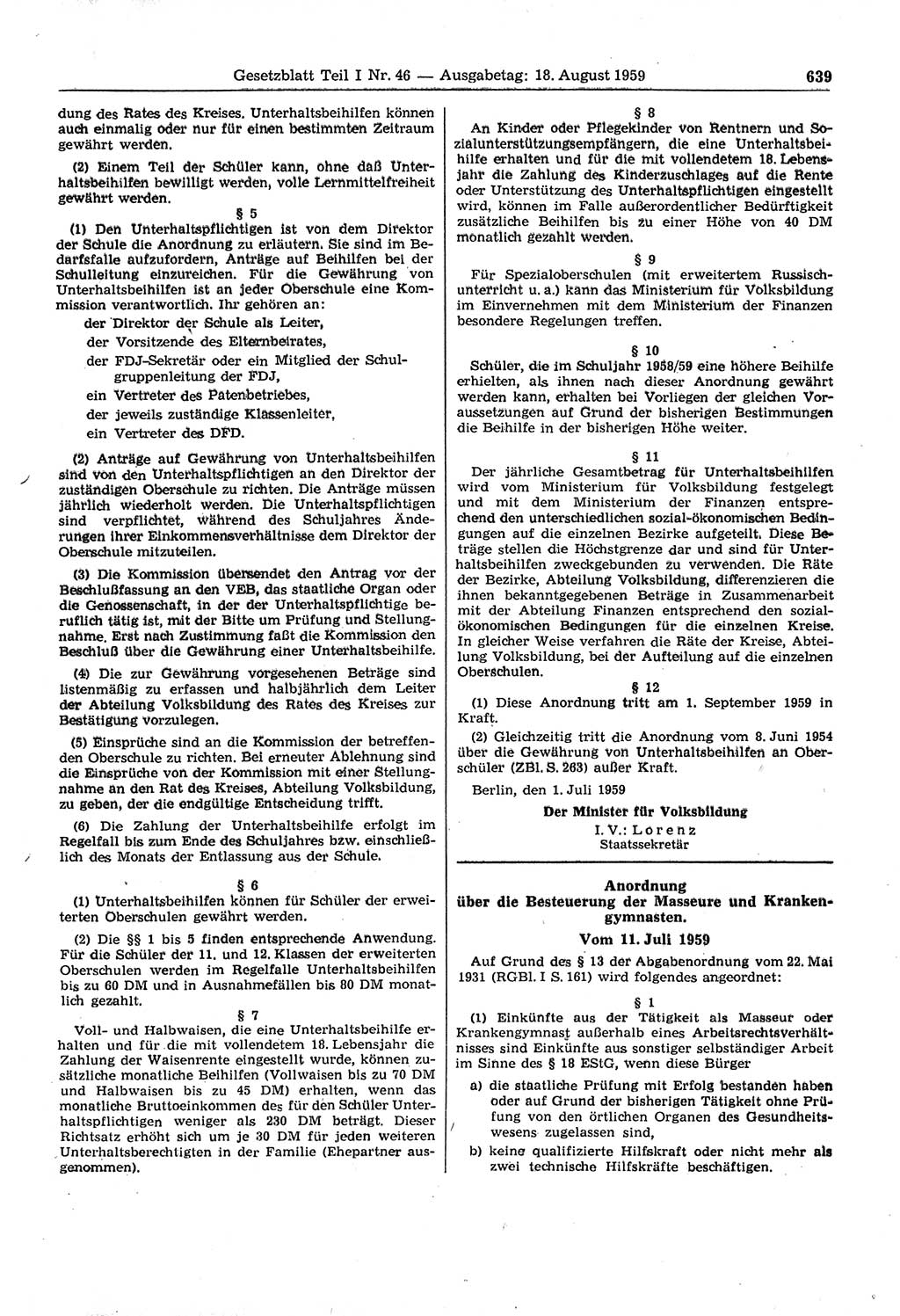 Gesetzblatt (GBl.) der Deutschen Demokratischen Republik (DDR) Teil Ⅰ 1959, Seite 639 (GBl. DDR Ⅰ 1959, S. 639)