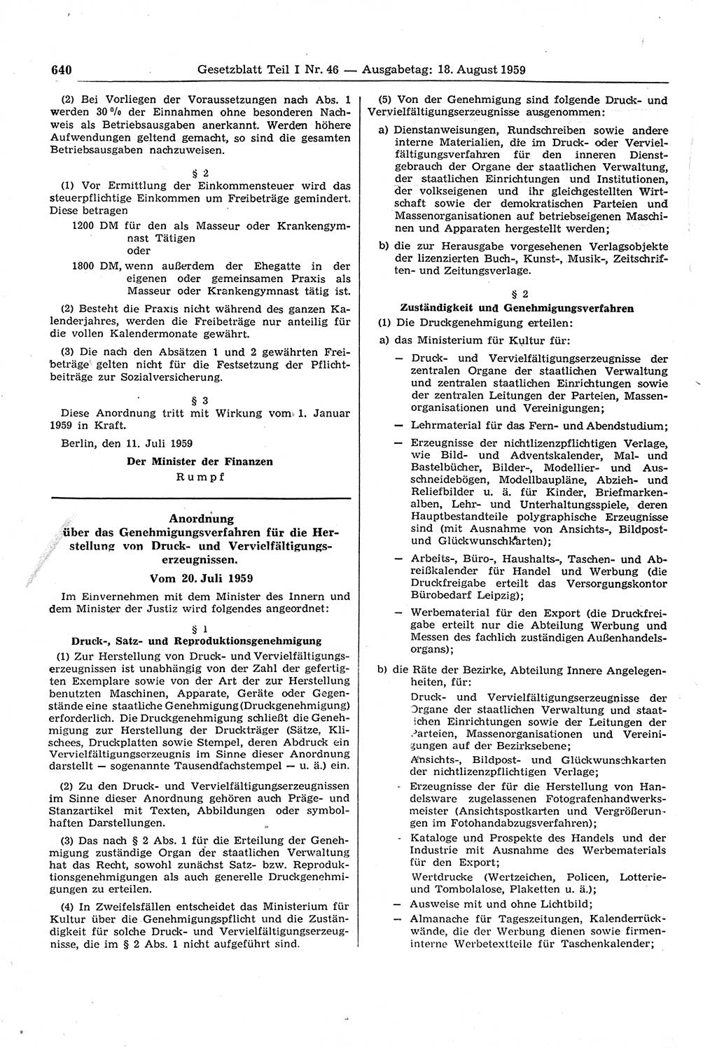 Gesetzblatt (GBl.) der Deutschen Demokratischen Republik (DDR) Teil Ⅰ 1959, Seite 640 (GBl. DDR Ⅰ 1959, S. 640)