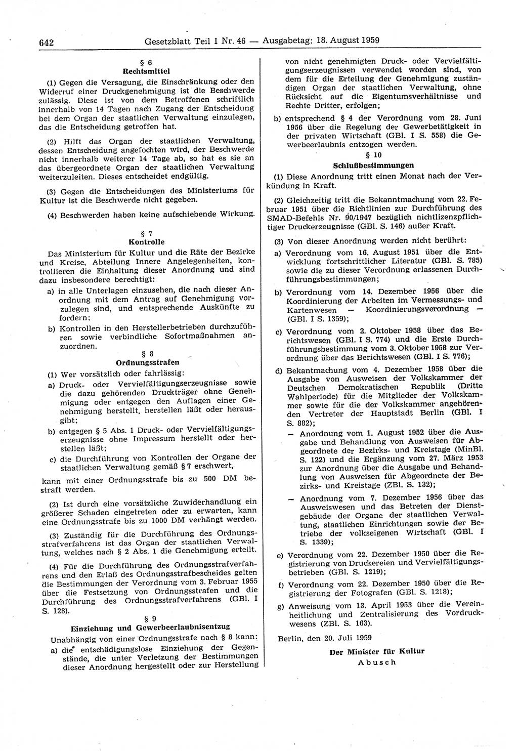Gesetzblatt (GBl.) der Deutschen Demokratischen Republik (DDR) Teil Ⅰ 1959, Seite 642 (GBl. DDR Ⅰ 1959, S. 642)
