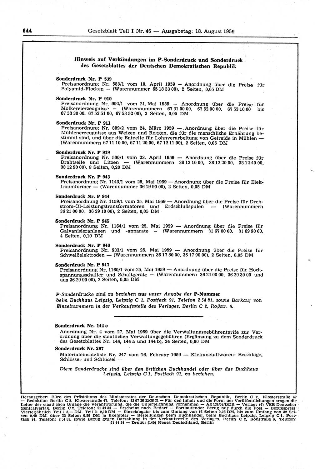 Gesetzblatt (GBl.) der Deutschen Demokratischen Republik (DDR) Teil Ⅰ 1959, Seite 644 (GBl. DDR Ⅰ 1959, S. 644)