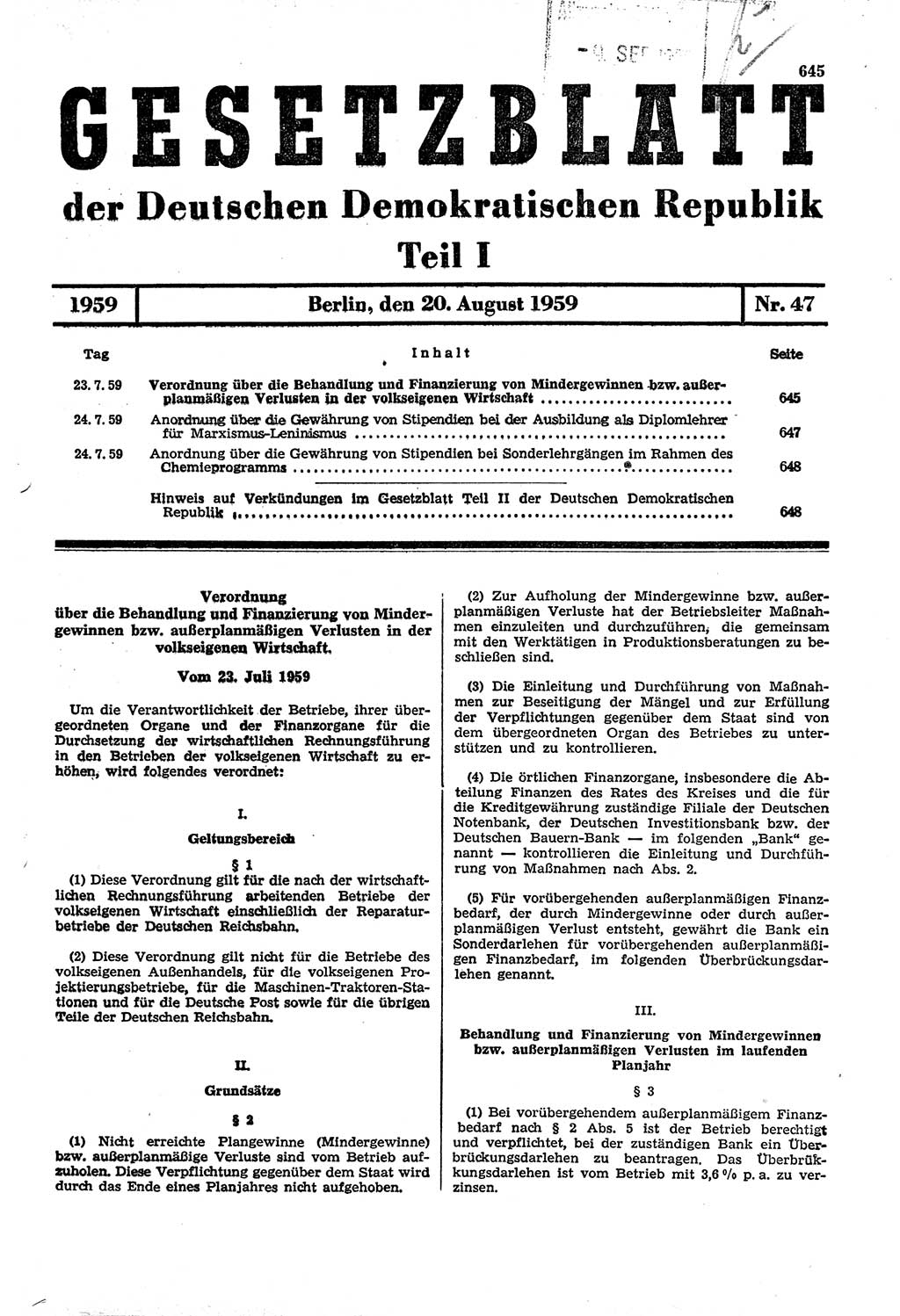 Gesetzblatt (GBl.) der Deutschen Demokratischen Republik (DDR) Teil Ⅰ 1959, Seite 645 (GBl. DDR Ⅰ 1959, S. 645)