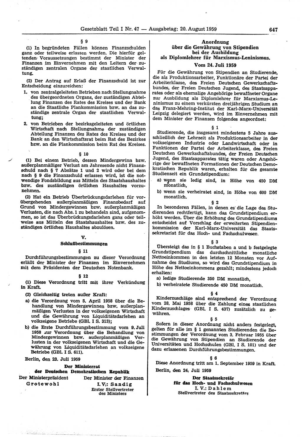 Gesetzblatt (GBl.) der Deutschen Demokratischen Republik (DDR) Teil Ⅰ 1959, Seite 647 (GBl. DDR Ⅰ 1959, S. 647)