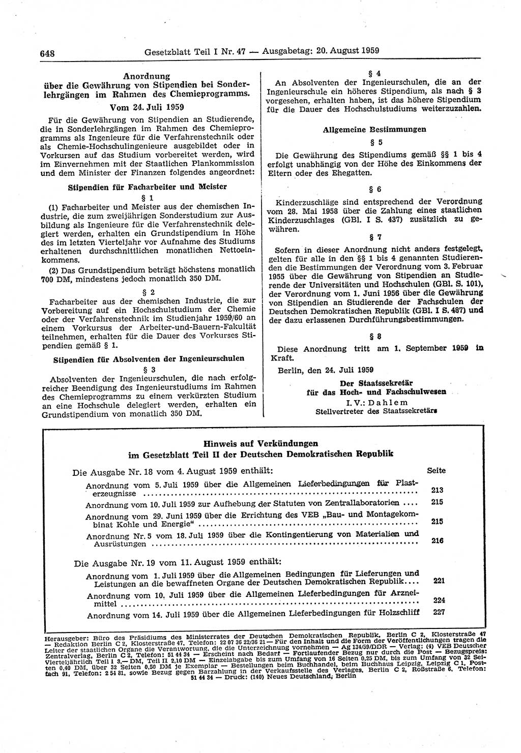 Gesetzblatt (GBl.) der Deutschen Demokratischen Republik (DDR) Teil Ⅰ 1959, Seite 648 (GBl. DDR Ⅰ 1959, S. 648)