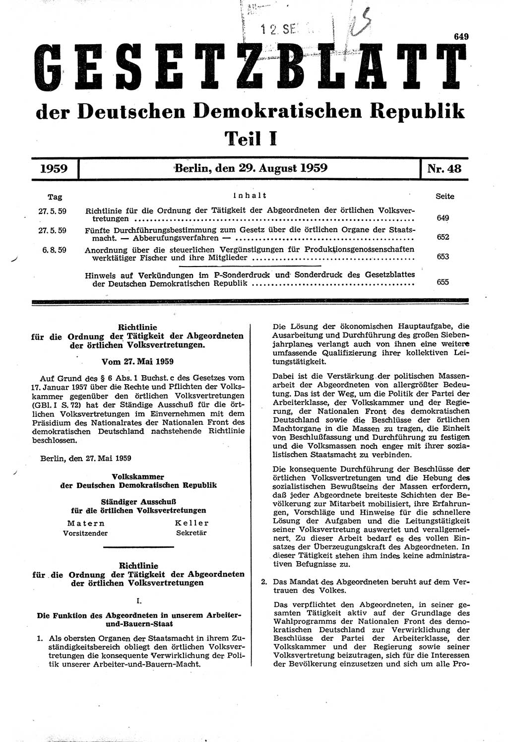 Gesetzblatt (GBl.) der Deutschen Demokratischen Republik (DDR) Teil Ⅰ 1959, Seite 649 (GBl. DDR Ⅰ 1959, S. 649)