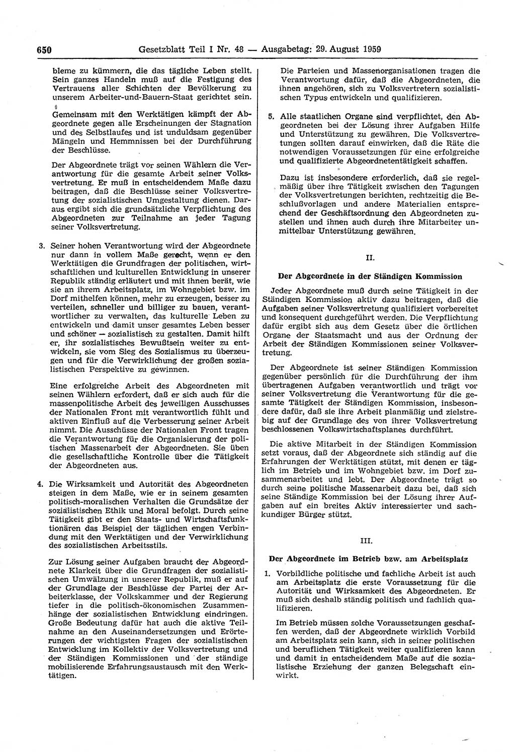 Gesetzblatt (GBl.) der Deutschen Demokratischen Republik (DDR) Teil Ⅰ 1959, Seite 650 (GBl. DDR Ⅰ 1959, S. 650)