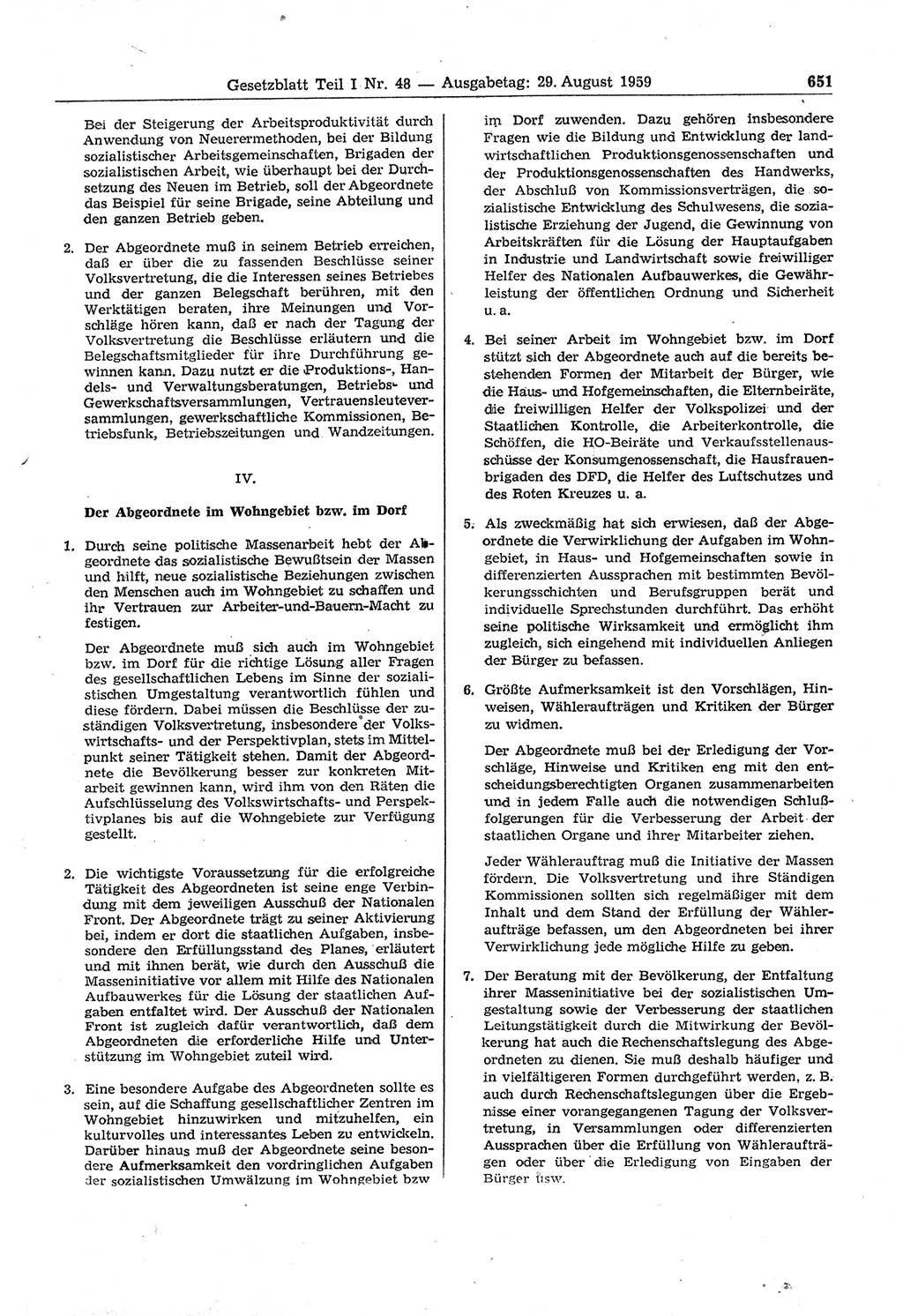 Gesetzblatt (GBl.) der Deutschen Demokratischen Republik (DDR) Teil Ⅰ 1959, Seite 651 (GBl. DDR Ⅰ 1959, S. 651)