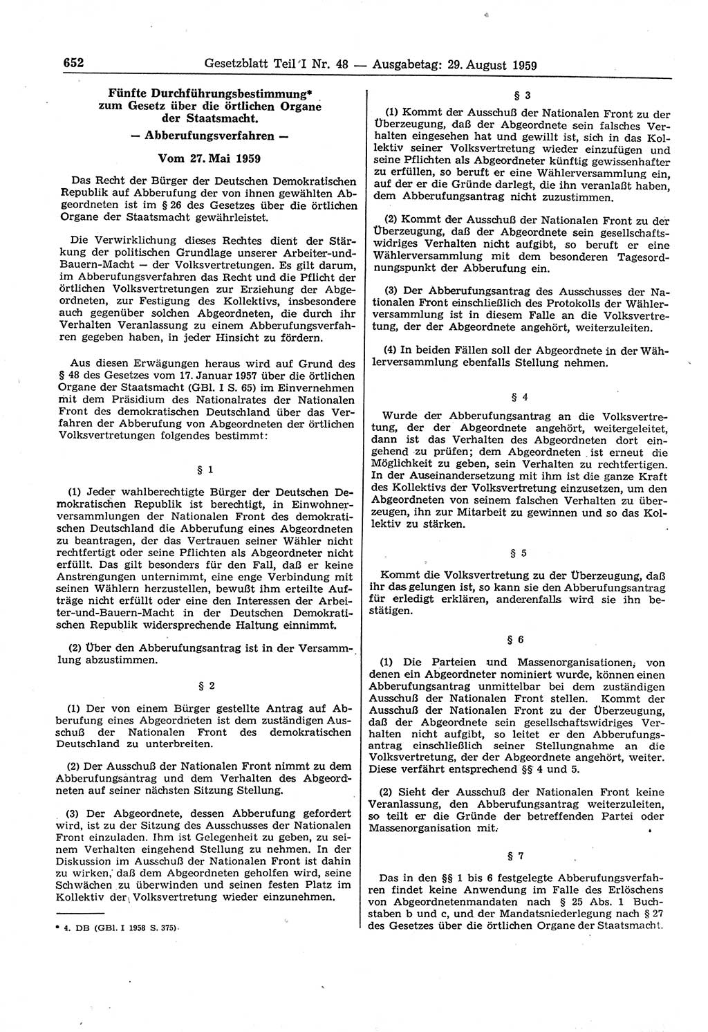 Gesetzblatt (GBl.) der Deutschen Demokratischen Republik (DDR) Teil Ⅰ 1959, Seite 652 (GBl. DDR Ⅰ 1959, S. 652)