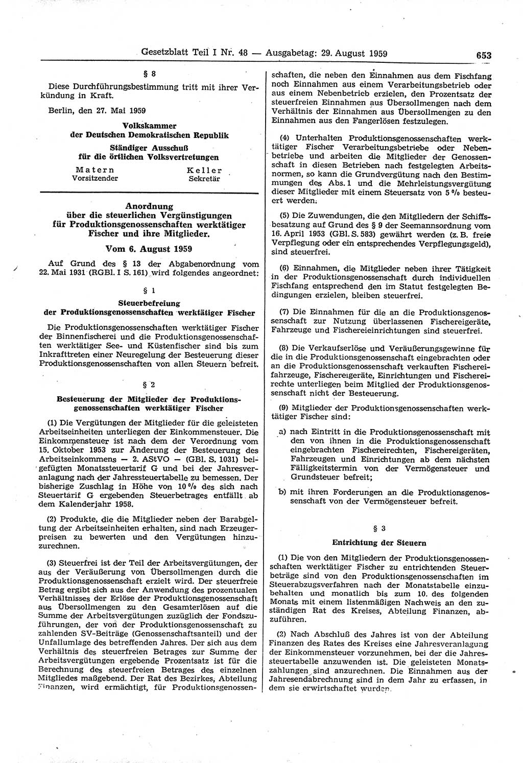 Gesetzblatt (GBl.) der Deutschen Demokratischen Republik (DDR) Teil Ⅰ 1959, Seite 653 (GBl. DDR Ⅰ 1959, S. 653)