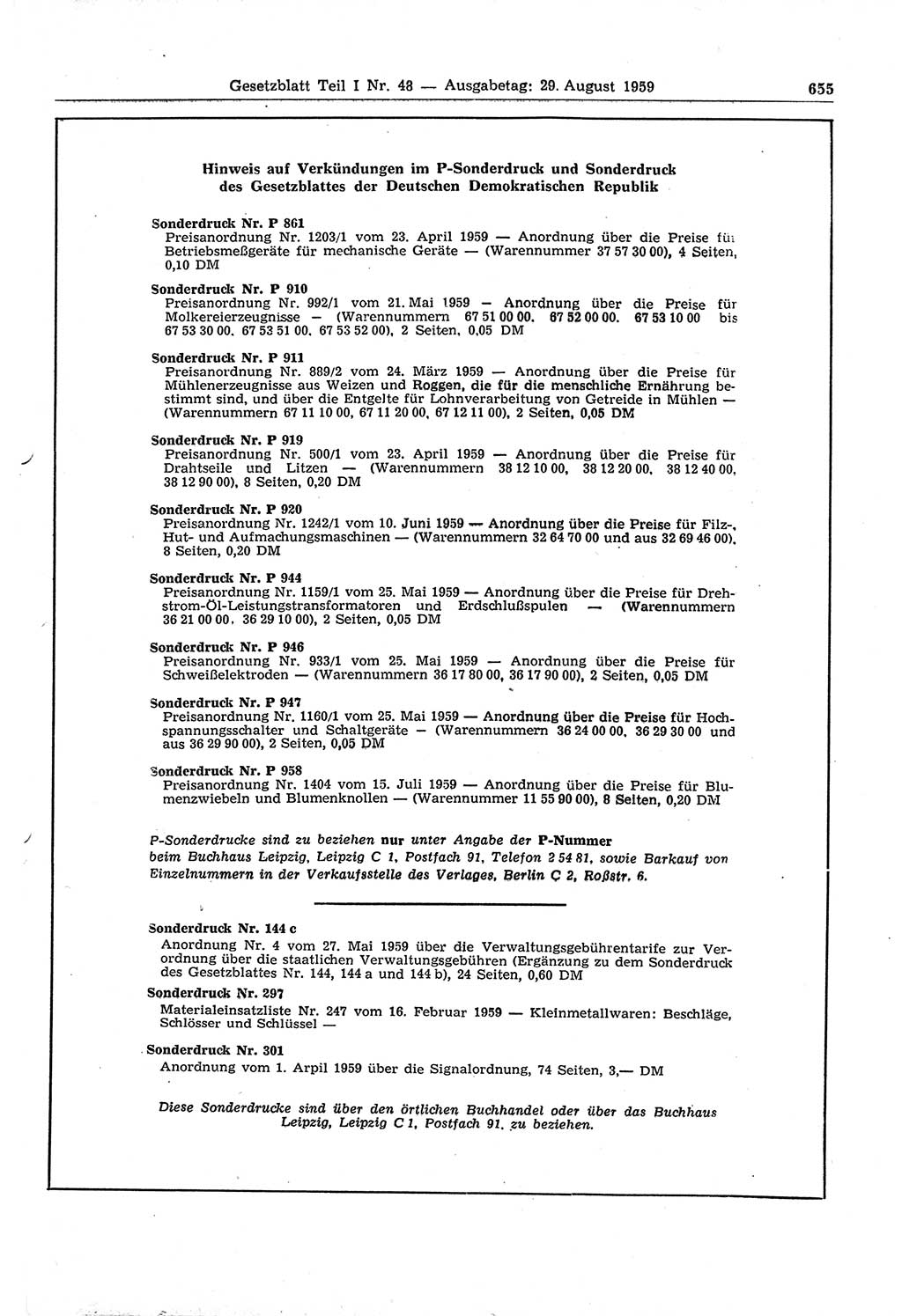 Gesetzblatt (GBl.) der Deutschen Demokratischen Republik (DDR) Teil Ⅰ 1959, Seite 655 (GBl. DDR Ⅰ 1959, S. 655)