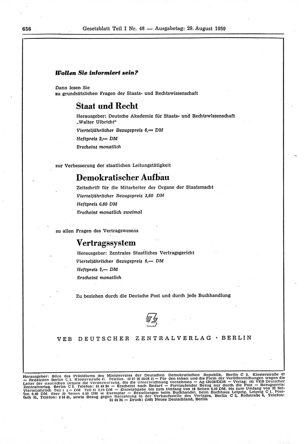 Gesetzblatt (GBl.) der Deutschen Demokratischen Republik (DDR) Teil Ⅰ 1959, Seite 656 (GBl. DDR Ⅰ 1959, S. 656)