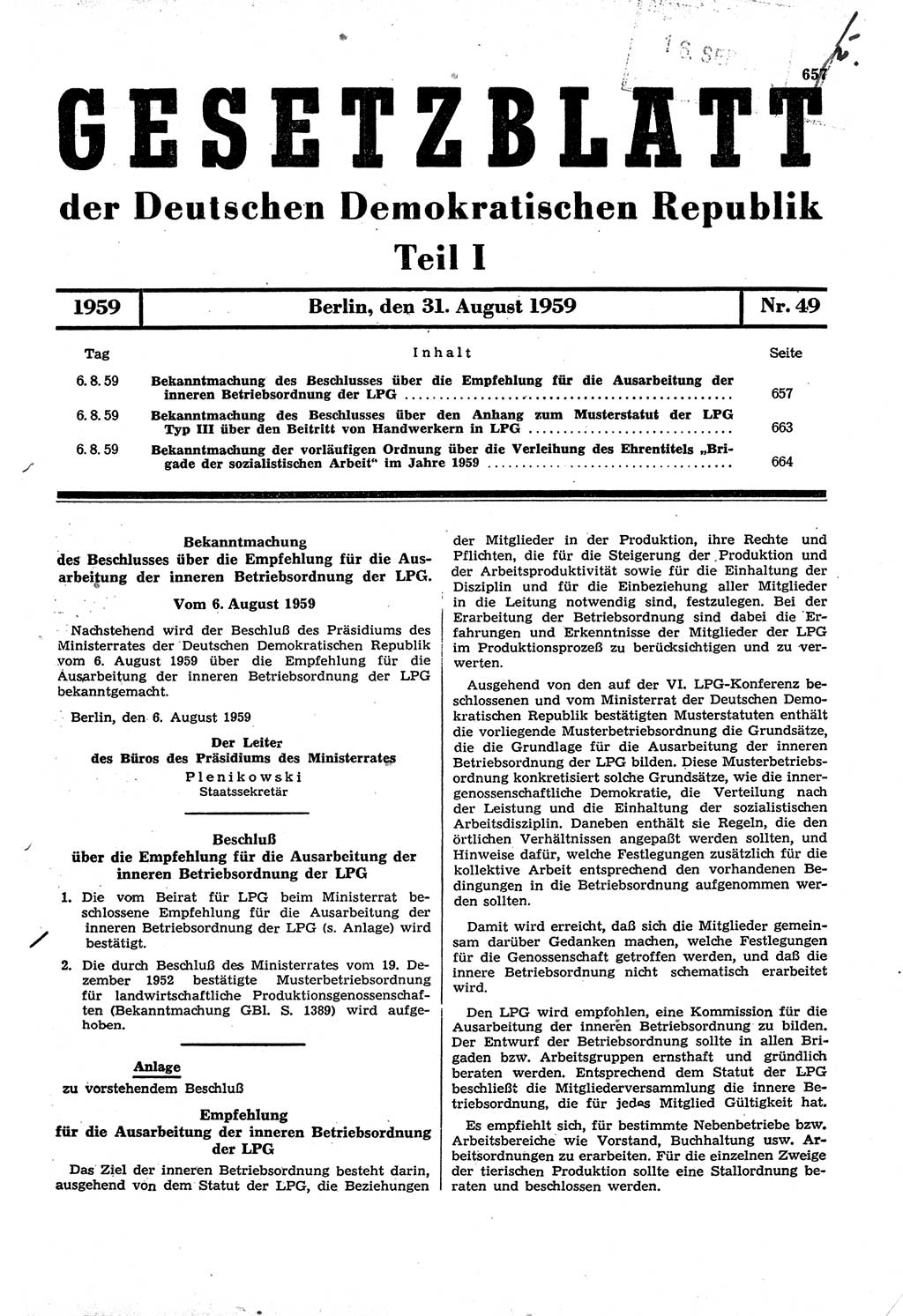 Gesetzblatt (GBl.) der Deutschen Demokratischen Republik (DDR) Teil Ⅰ 1959, Seite 657 (GBl. DDR Ⅰ 1959, S. 657)