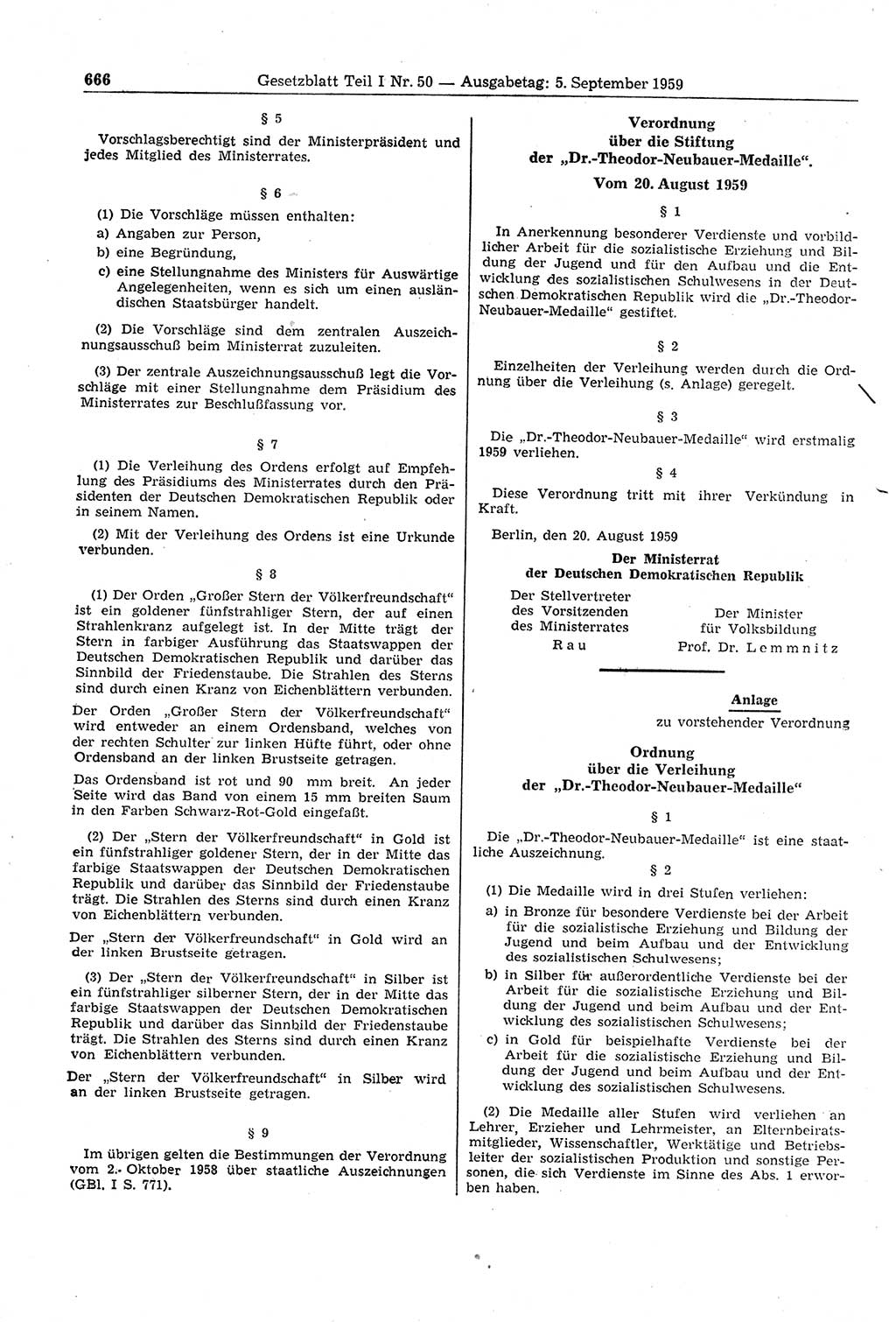 Gesetzblatt (GBl.) der Deutschen Demokratischen Republik (DDR) Teil Ⅰ 1959, Seite 666 (GBl. DDR Ⅰ 1959, S. 666)