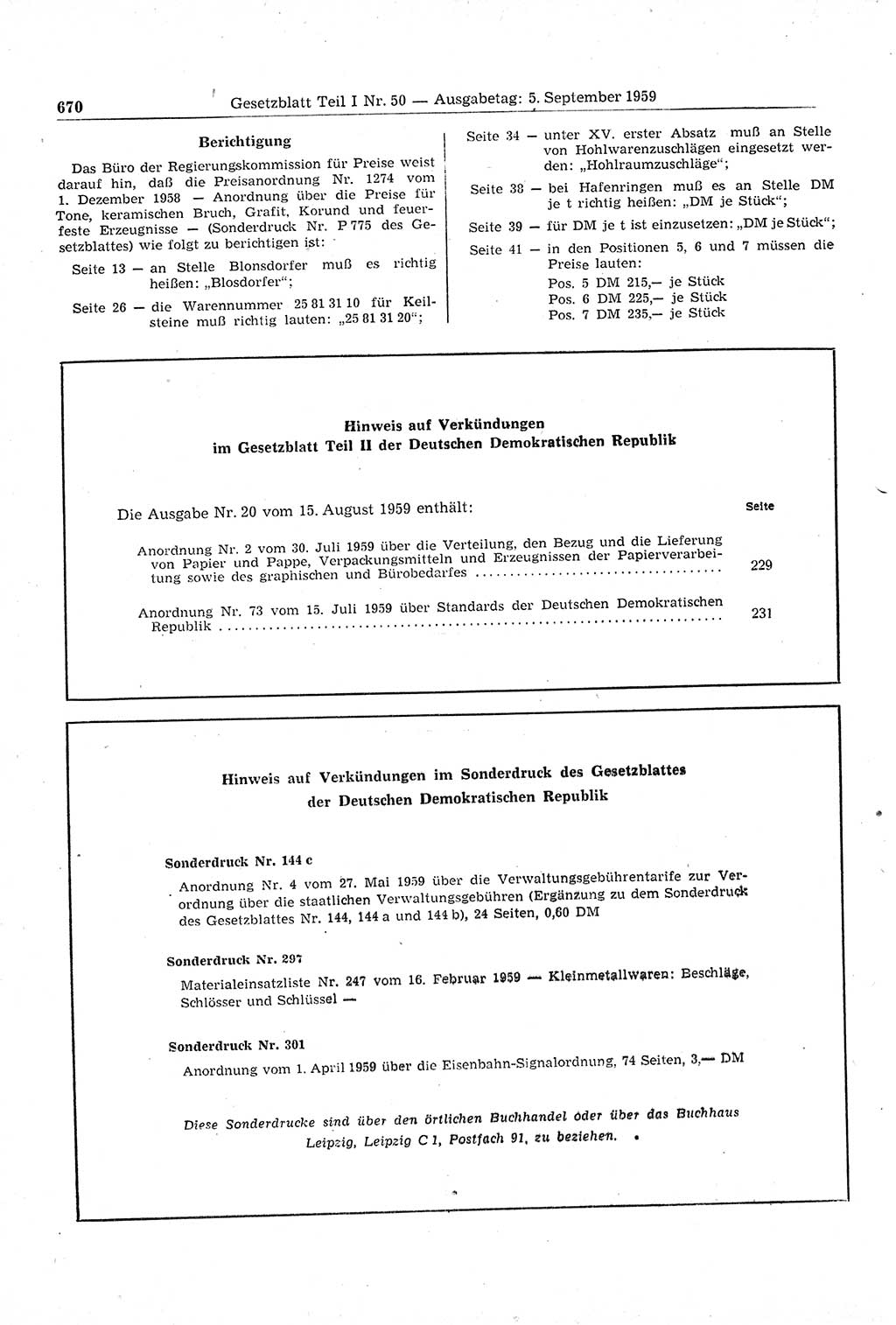 Gesetzblatt (GBl.) der Deutschen Demokratischen Republik (DDR) Teil Ⅰ 1959, Seite 670 (GBl. DDR Ⅰ 1959, S. 670)