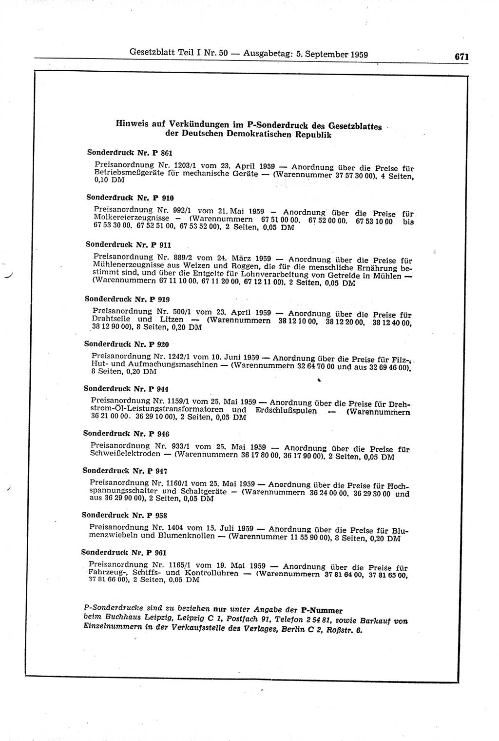 Gesetzblatt (GBl.) der Deutschen Demokratischen Republik (DDR) Teil Ⅰ 1959, Seite 671 (GBl. DDR Ⅰ 1959, S. 671)