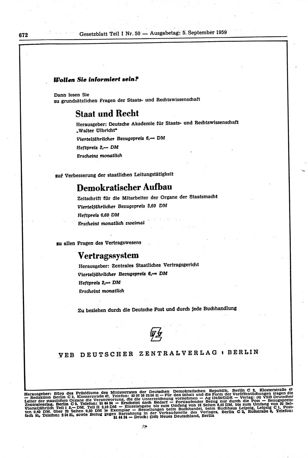 Gesetzblatt (GBl.) der Deutschen Demokratischen Republik (DDR) Teil Ⅰ 1959, Seite 672 (GBl. DDR Ⅰ 1959, S. 672)