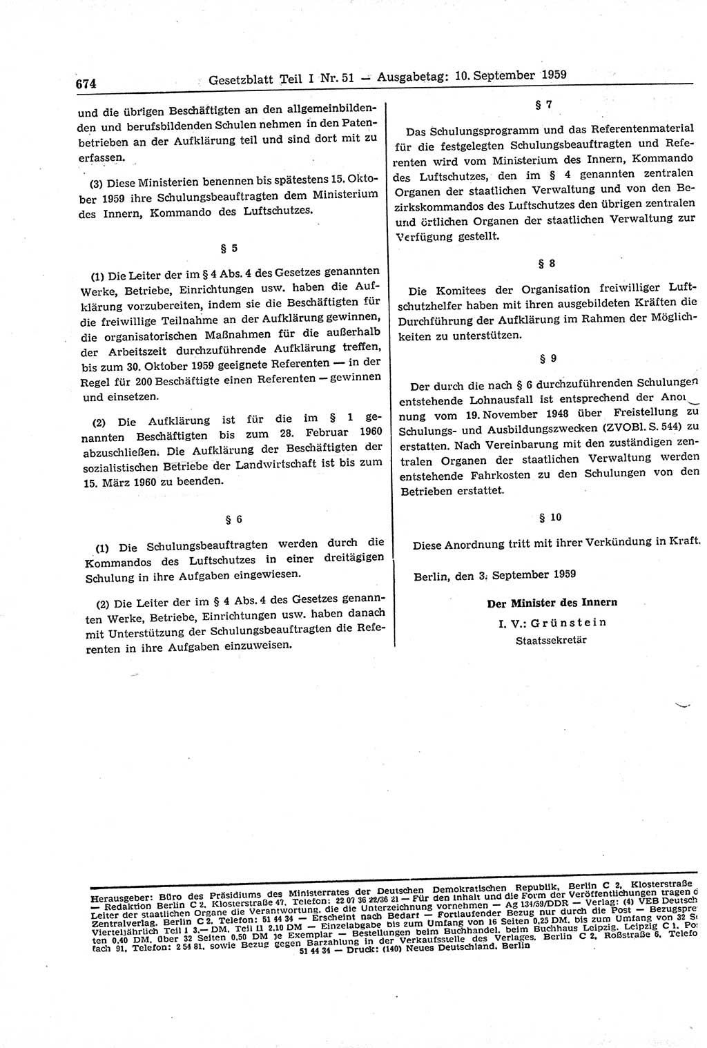 Gesetzblatt (GBl.) der Deutschen Demokratischen Republik (DDR) Teil Ⅰ 1959, Seite 674 (GBl. DDR Ⅰ 1959, S. 674)