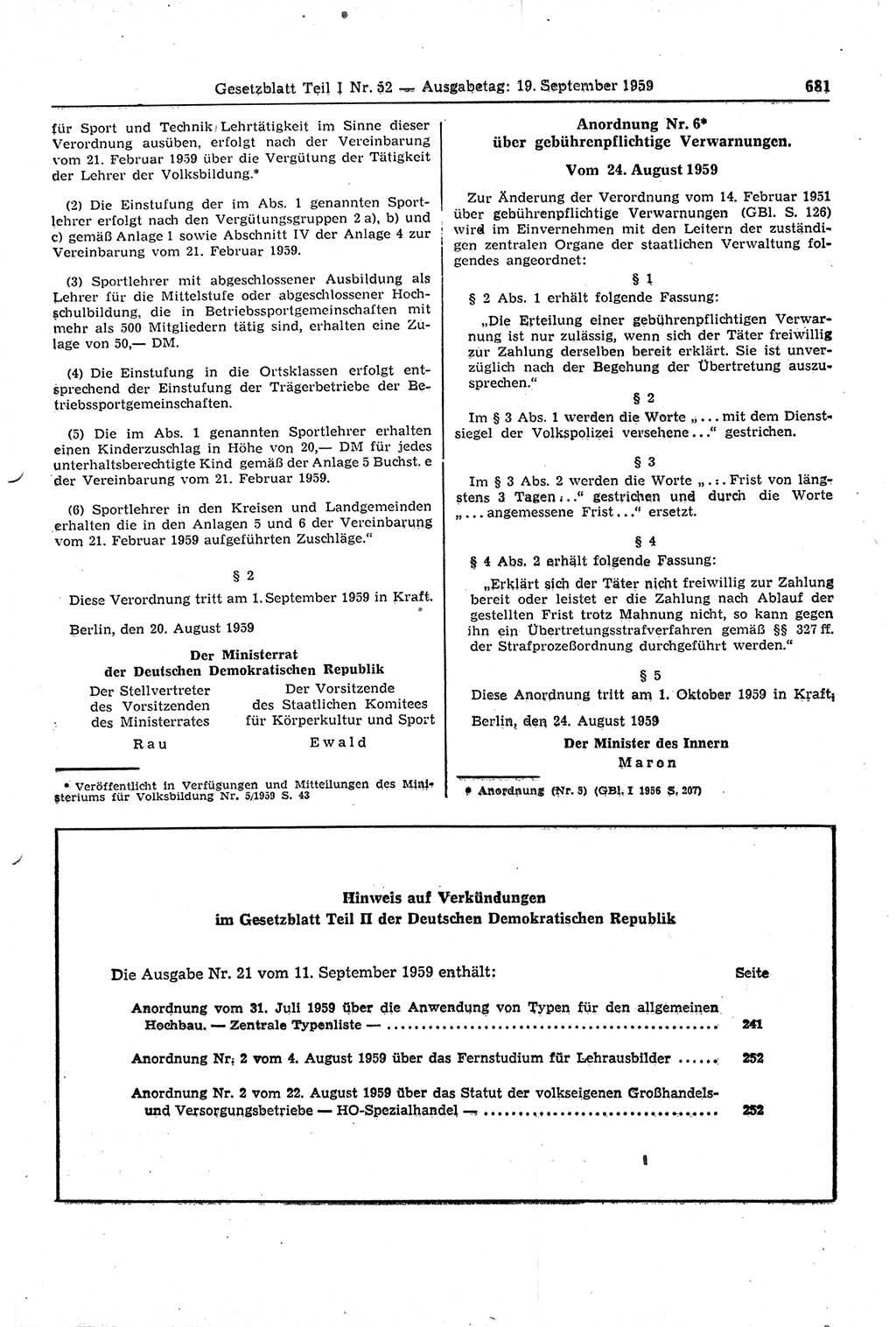 Gesetzblatt (GBl.) der Deutschen Demokratischen Republik (DDR) Teil Ⅰ 1959, Seite 681 (GBl. DDR Ⅰ 1959, S. 681)