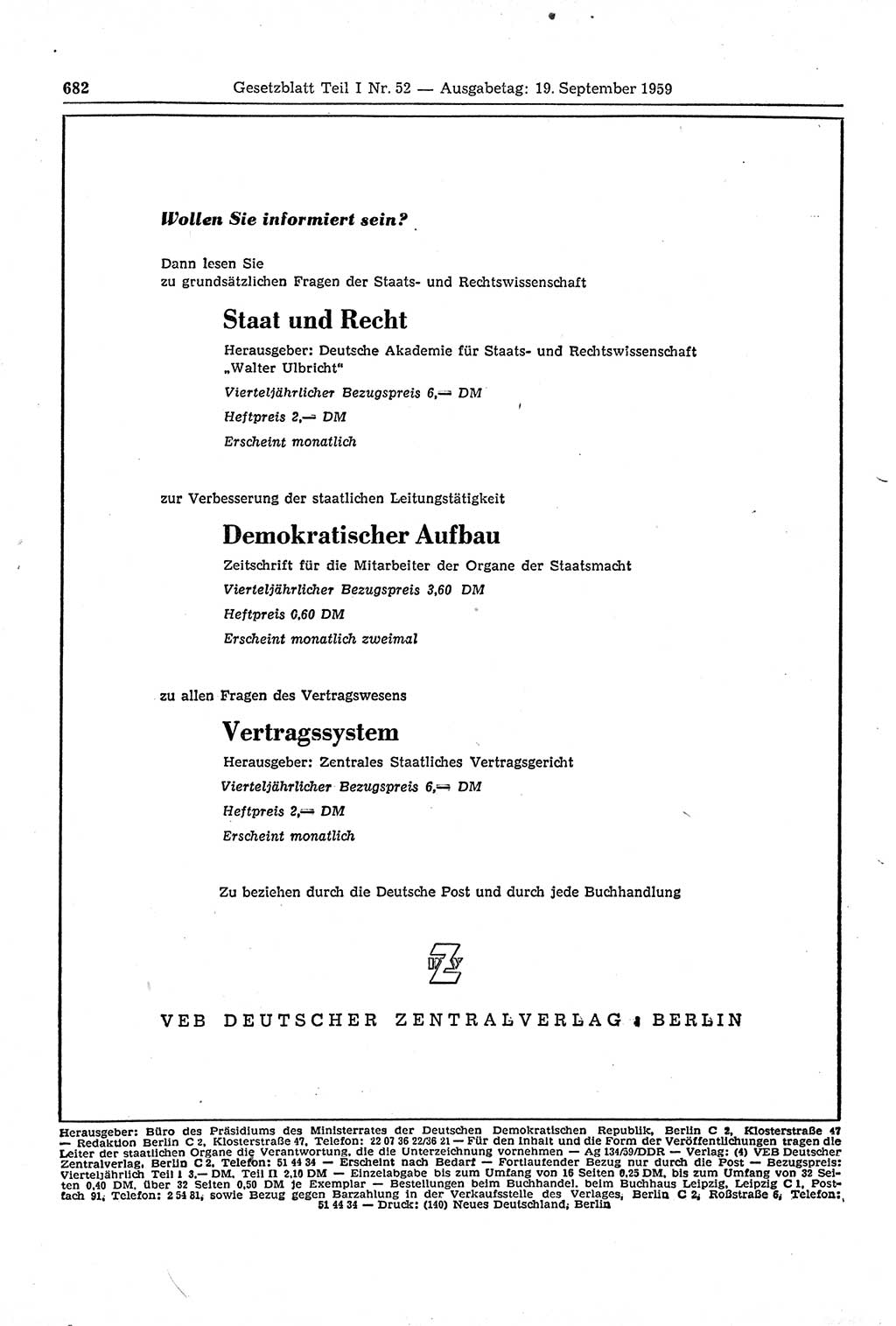 Gesetzblatt (GBl.) der Deutschen Demokratischen Republik (DDR) Teil Ⅰ 1959, Seite 682 (GBl. DDR Ⅰ 1959, S. 682)