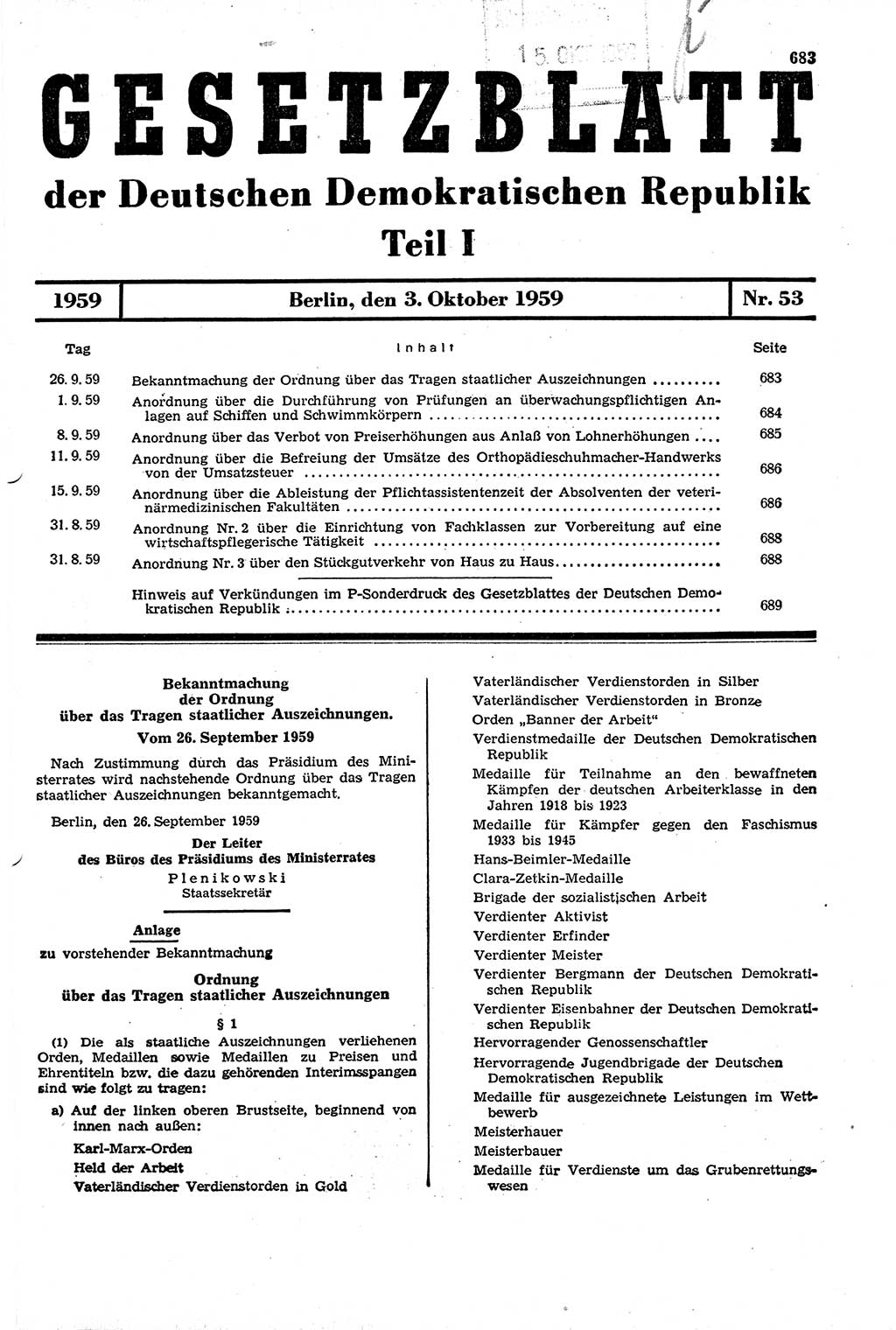 Gesetzblatt (GBl.) der Deutschen Demokratischen Republik (DDR) Teil Ⅰ 1959, Seite 683 (GBl. DDR Ⅰ 1959, S. 683)