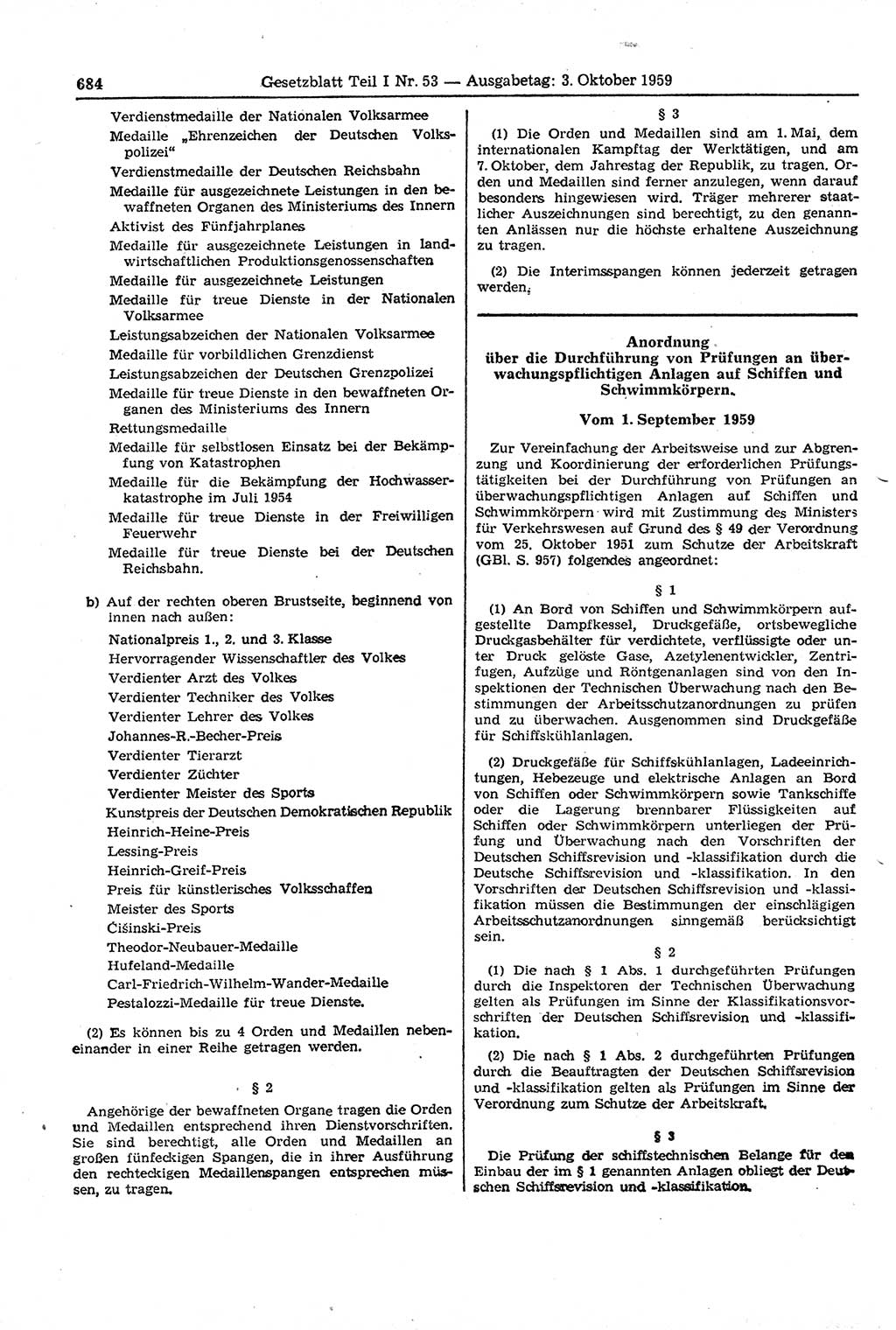 Gesetzblatt (GBl.) der Deutschen Demokratischen Republik (DDR) Teil Ⅰ 1959, Seite 684 (GBl. DDR Ⅰ 1959, S. 684)