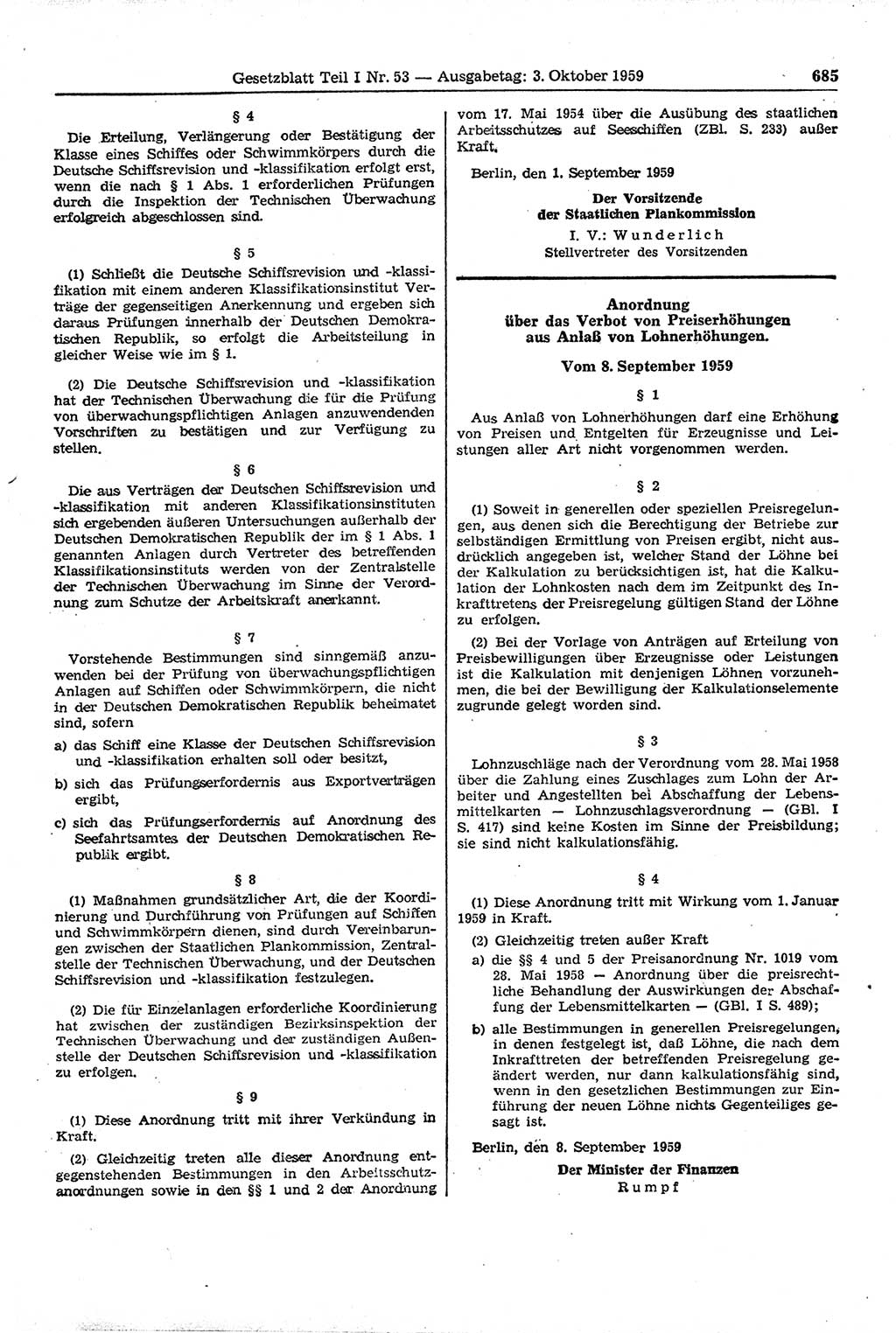 Gesetzblatt (GBl.) der Deutschen Demokratischen Republik (DDR) Teil Ⅰ 1959, Seite 685 (GBl. DDR Ⅰ 1959, S. 685)