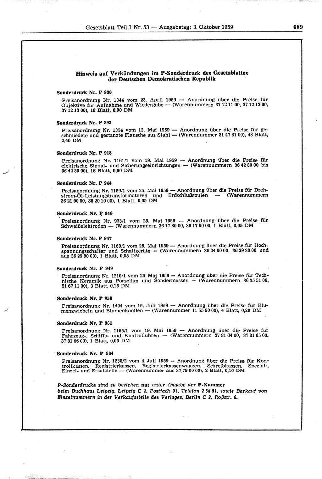 Gesetzblatt (GBl.) der Deutschen Demokratischen Republik (DDR) Teil Ⅰ 1959, Seite 689 (GBl. DDR Ⅰ 1959, S. 689)