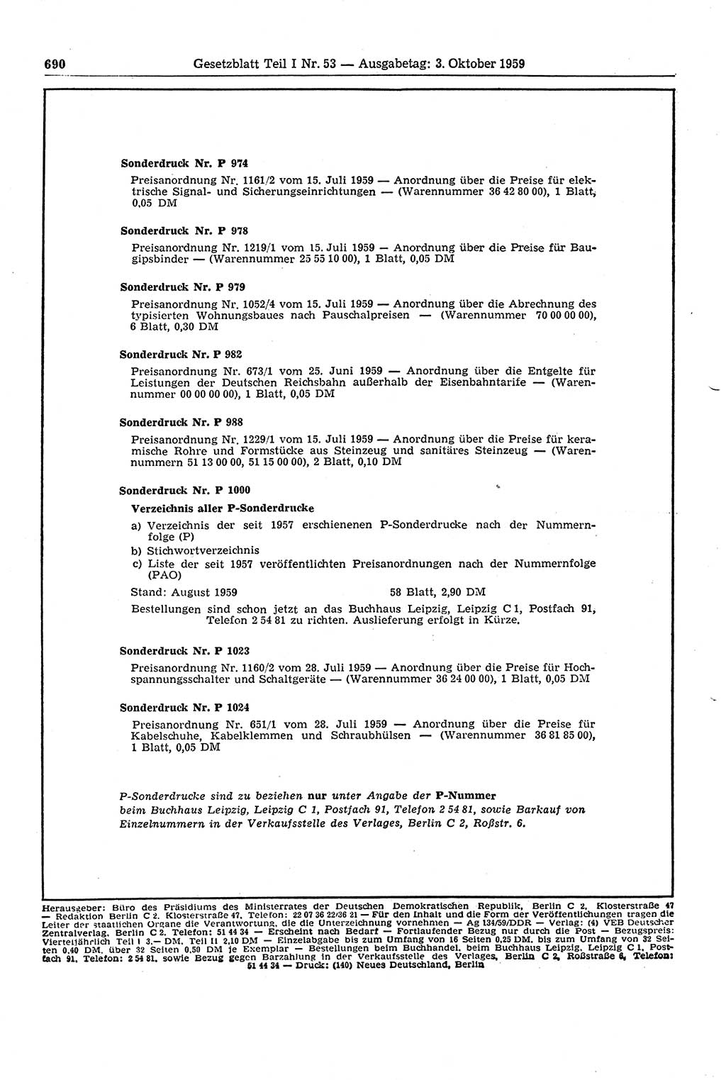 Gesetzblatt (GBl.) der Deutschen Demokratischen Republik (DDR) Teil Ⅰ 1959, Seite 690 (GBl. DDR Ⅰ 1959, S. 690)