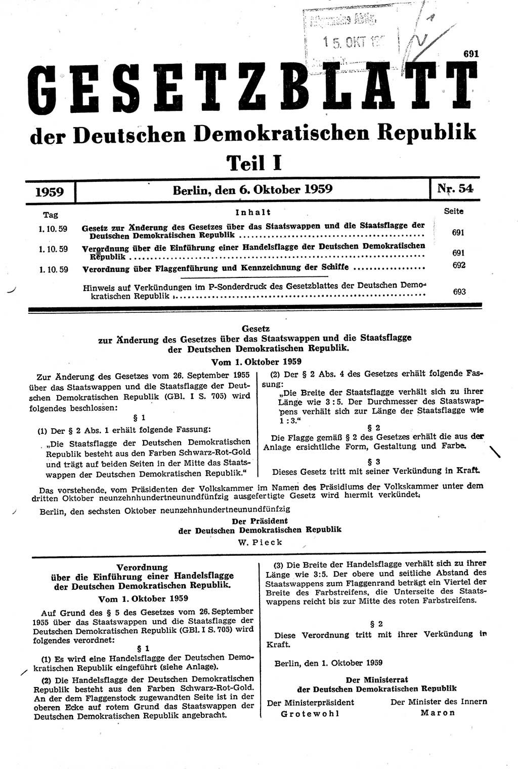 Gesetzblatt (GBl.) der Deutschen Demokratischen Republik (DDR) Teil Ⅰ 1959, Seite 691 (GBl. DDR Ⅰ 1959, S. 691)