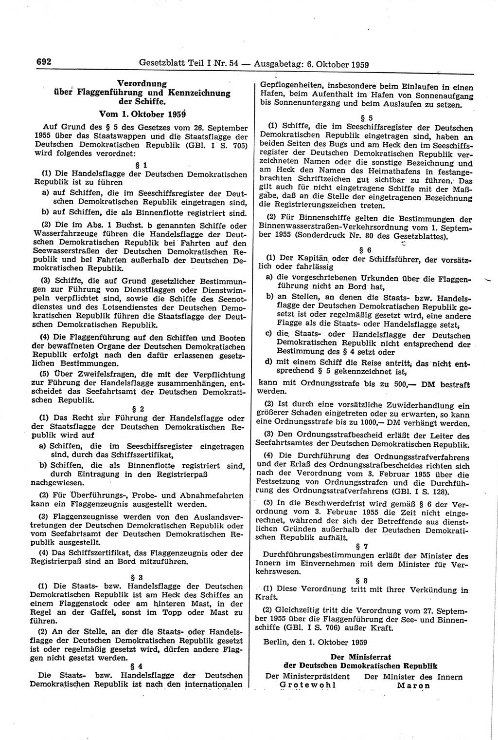 Gesetzblatt (GBl.) der Deutschen Demokratischen Republik (DDR) Teil Ⅰ 1959, Seite 692 (GBl. DDR Ⅰ 1959, S. 692)