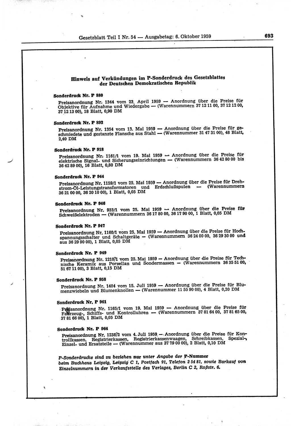 Gesetzblatt (GBl.) der Deutschen Demokratischen Republik (DDR) Teil Ⅰ 1959, Seite 693 (GBl. DDR Ⅰ 1959, S. 693)
