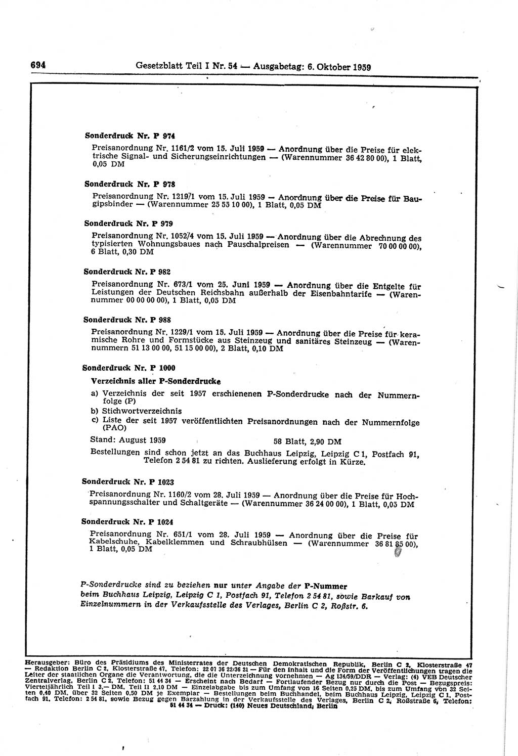 Gesetzblatt (GBl.) der Deutschen Demokratischen Republik (DDR) Teil Ⅰ 1959, Seite 694 (GBl. DDR Ⅰ 1959, S. 694)