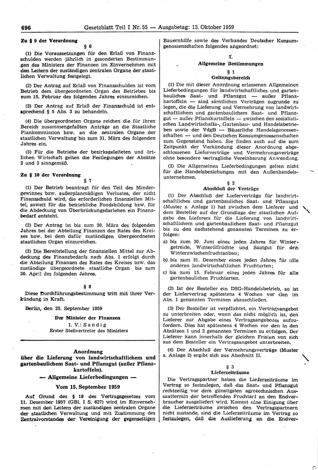 Gesetzblatt (GBl.) der Deutschen Demokratischen Republik (DDR) Teil Ⅰ 1959, Seite 696 (GBl. DDR Ⅰ 1959, S. 696)