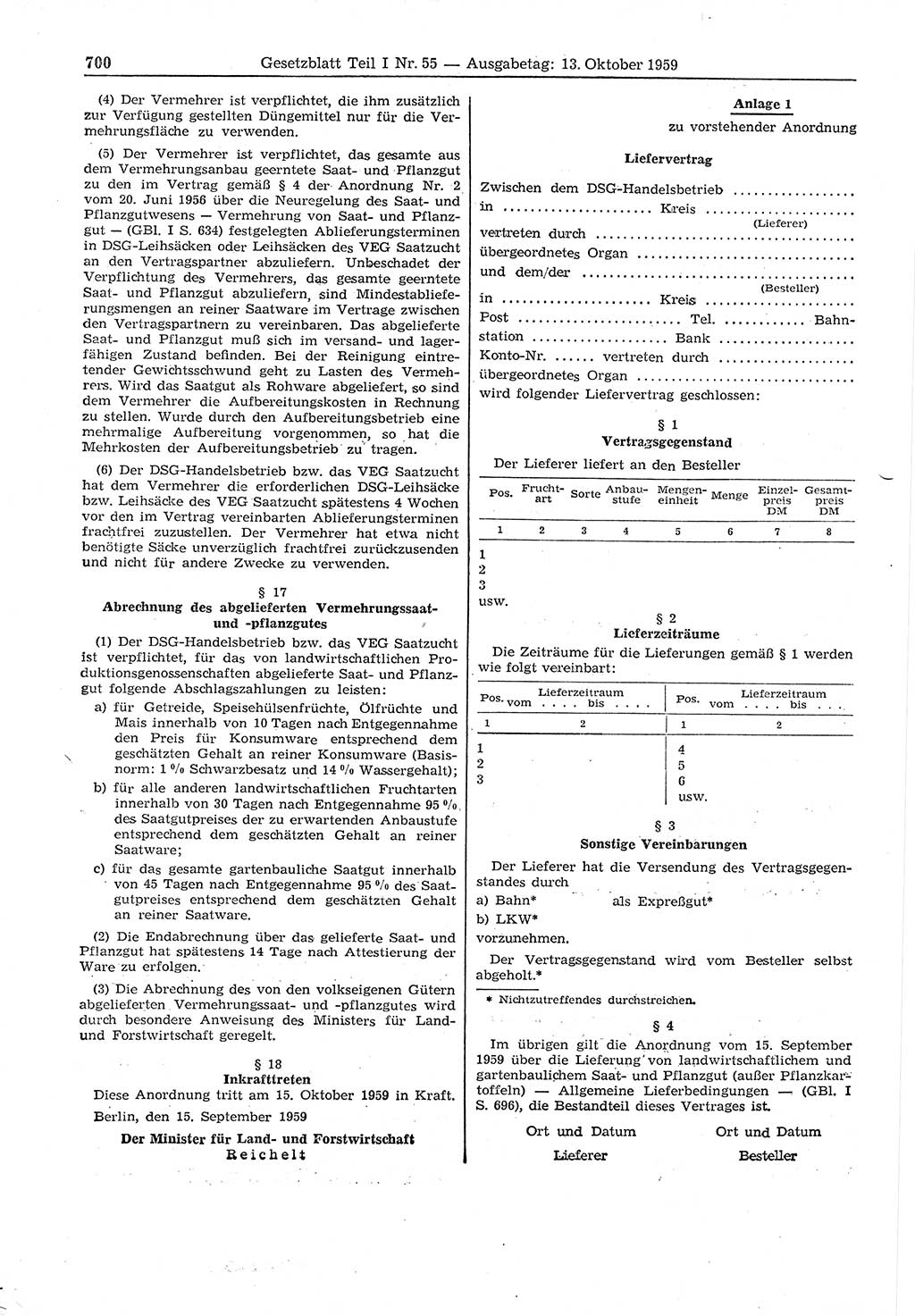 Gesetzblatt (GBl.) der Deutschen Demokratischen Republik (DDR) Teil Ⅰ 1959, Seite 700 (GBl. DDR Ⅰ 1959, S. 700)
