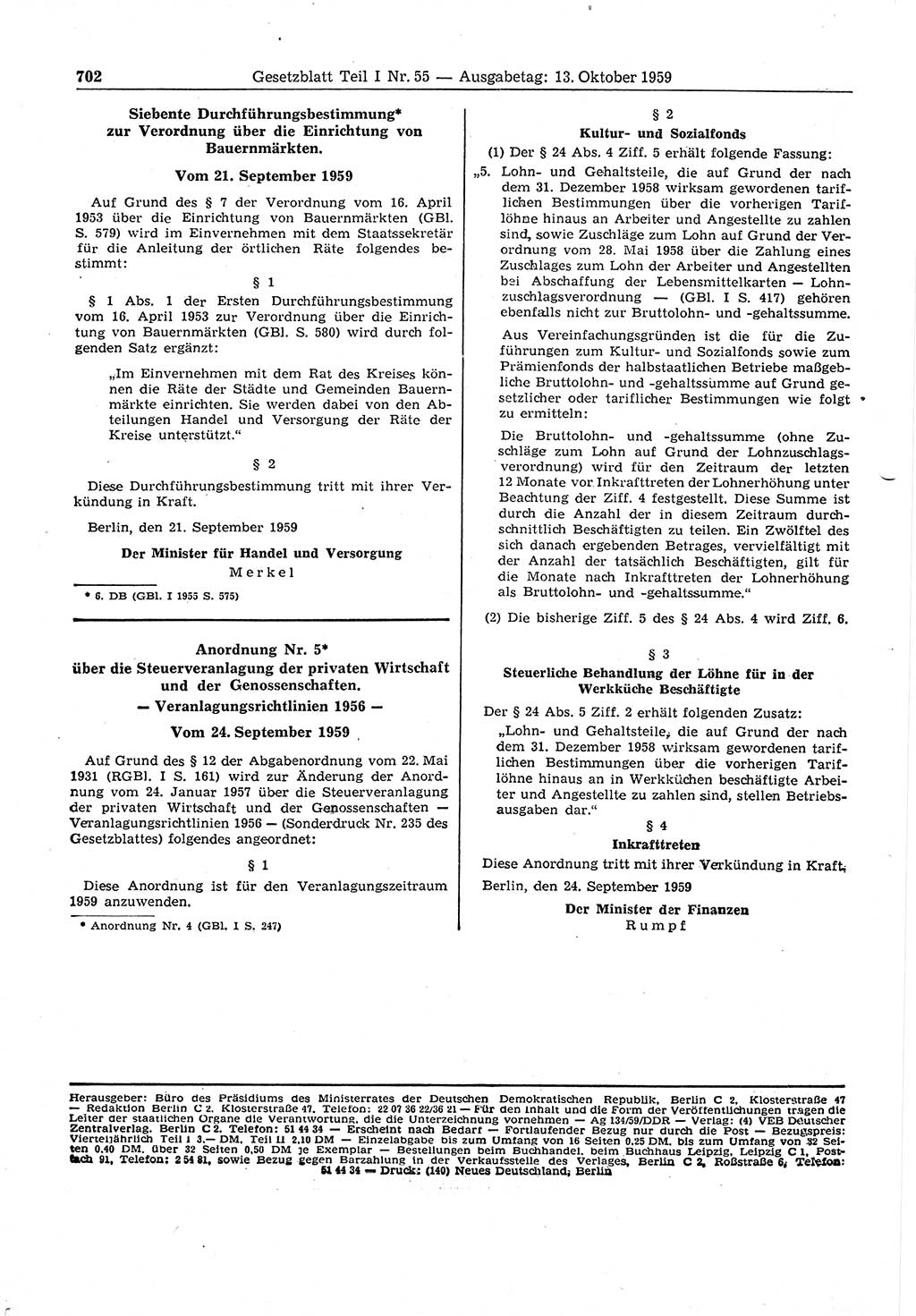 Gesetzblatt (GBl.) der Deutschen Demokratischen Republik (DDR) Teil Ⅰ 1959, Seite 702 (GBl. DDR Ⅰ 1959, S. 702)