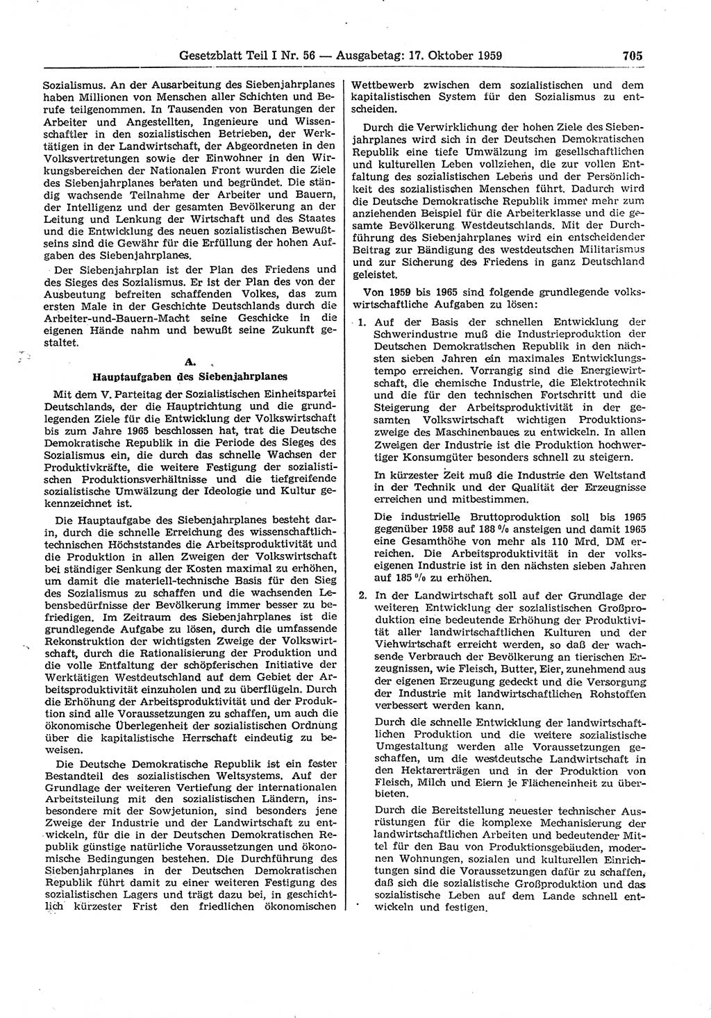Gesetzblatt (GBl.) der Deutschen Demokratischen Republik (DDR) Teil Ⅰ 1959, Seite 705 (GBl. DDR Ⅰ 1959, S. 705)