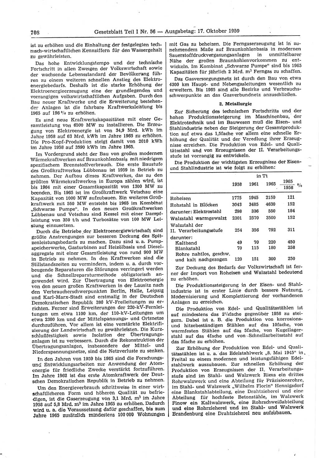Gesetzblatt (GBl.) der Deutschen Demokratischen Republik (DDR) Teil Ⅰ 1959, Seite 708 (GBl. DDR Ⅰ 1959, S. 708)