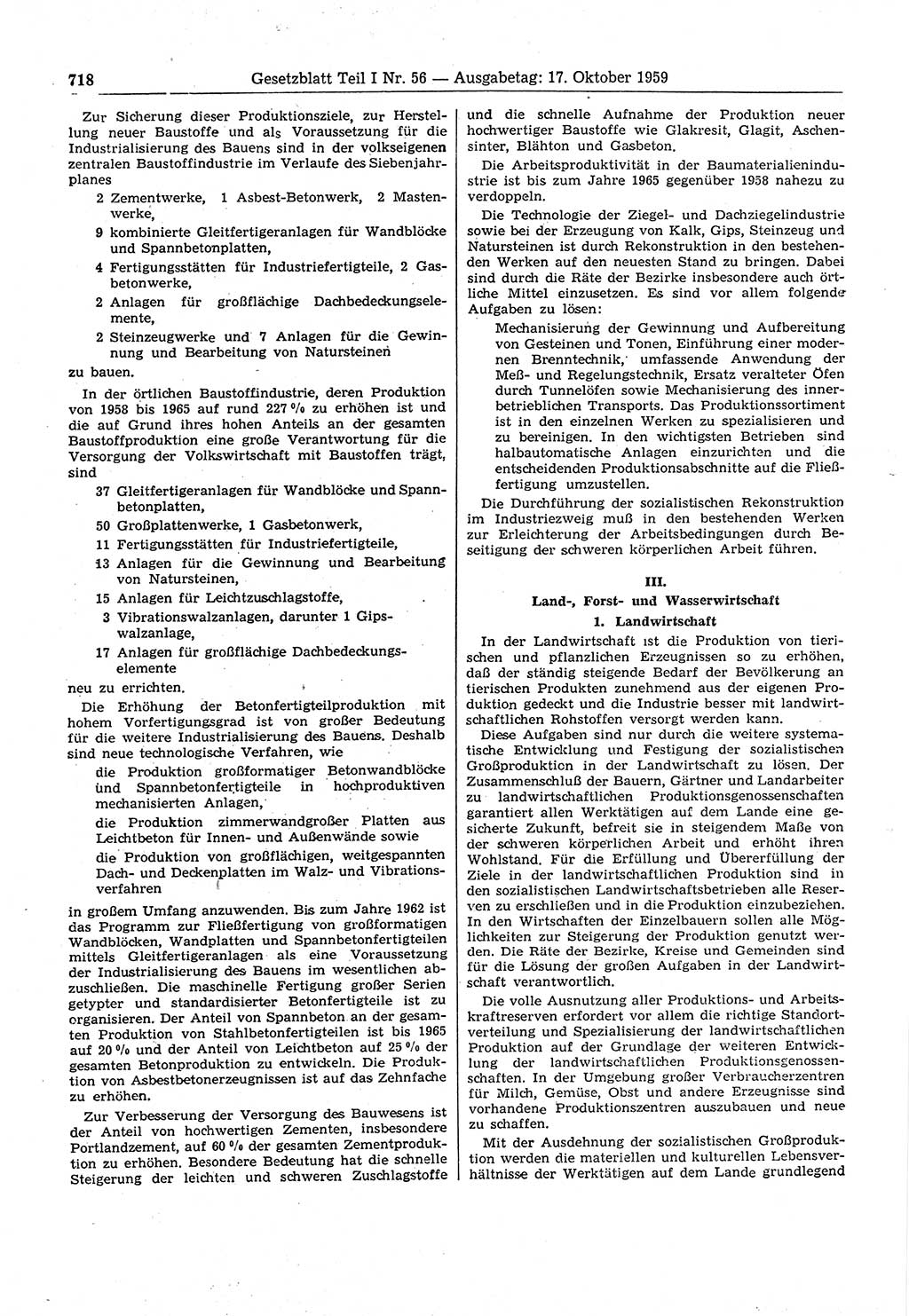 Gesetzblatt (GBl.) der Deutschen Demokratischen Republik (DDR) Teil Ⅰ 1959, Seite 718 (GBl. DDR Ⅰ 1959, S. 718)