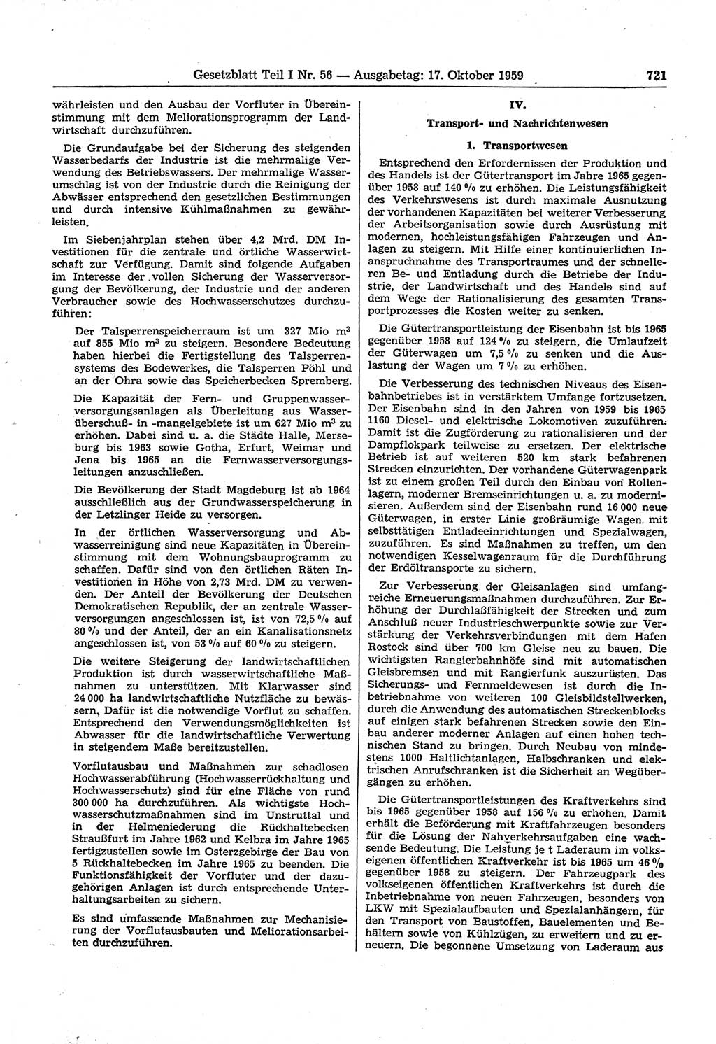 Gesetzblatt (GBl.) der Deutschen Demokratischen Republik (DDR) Teil Ⅰ 1959, Seite 721 (GBl. DDR Ⅰ 1959, S. 721)