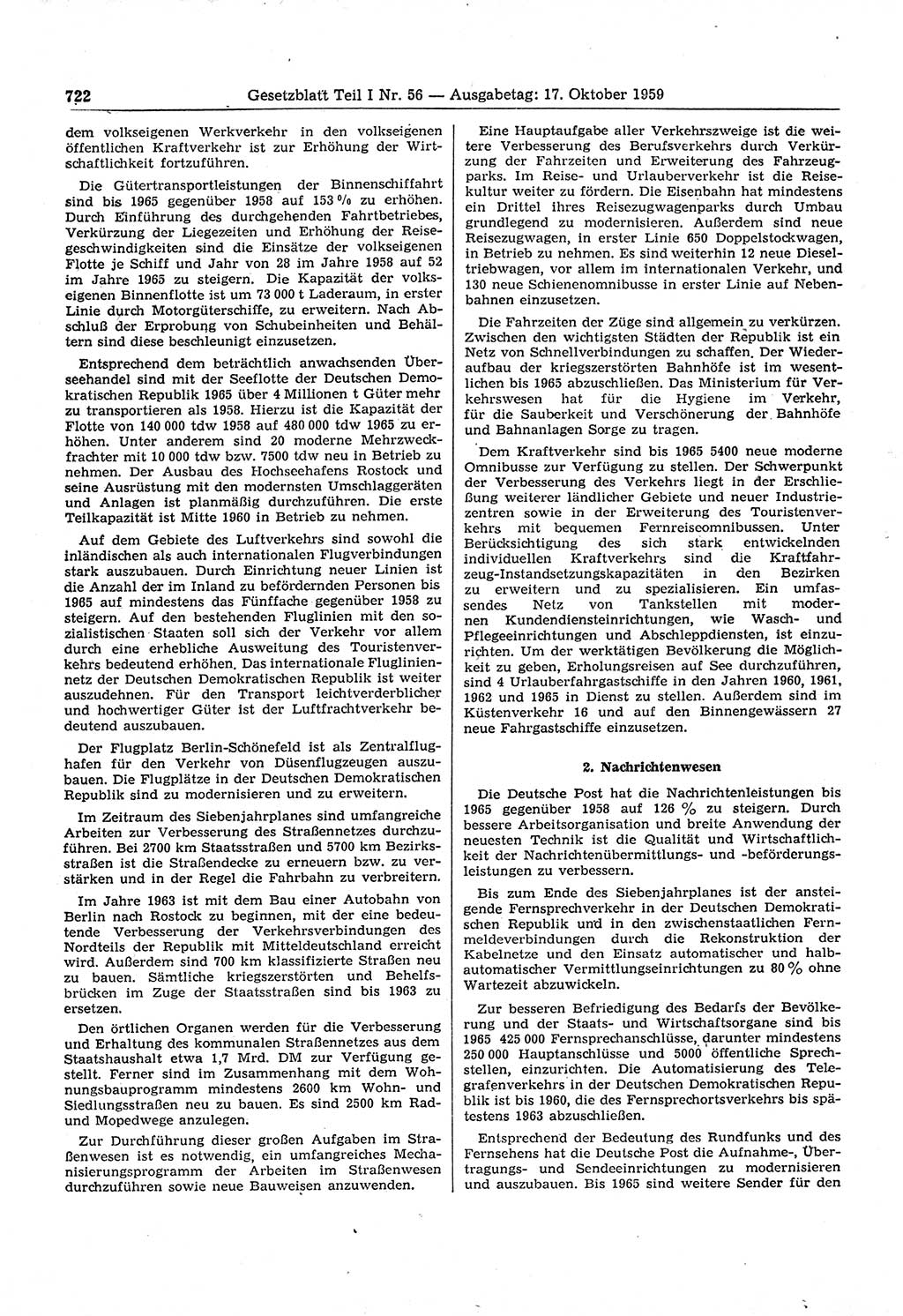 Gesetzblatt (GBl.) der Deutschen Demokratischen Republik (DDR) Teil Ⅰ 1959, Seite 722 (GBl. DDR Ⅰ 1959, S. 722)