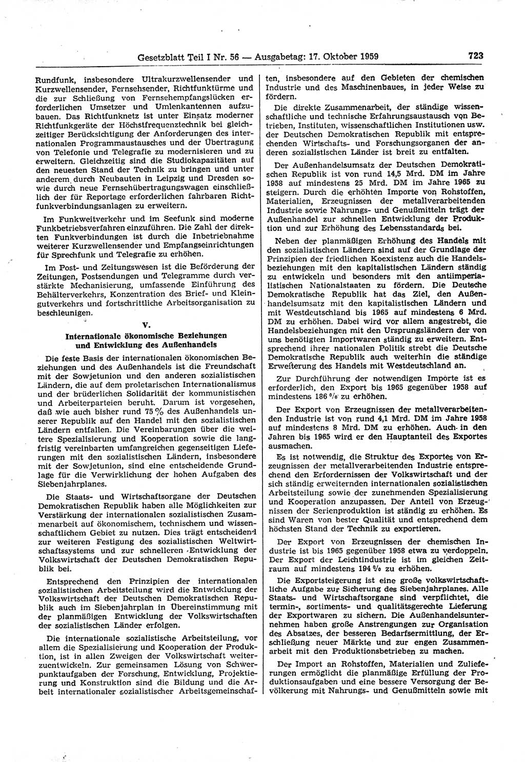Gesetzblatt (GBl.) der Deutschen Demokratischen Republik (DDR) Teil Ⅰ 1959, Seite 723 (GBl. DDR Ⅰ 1959, S. 723)