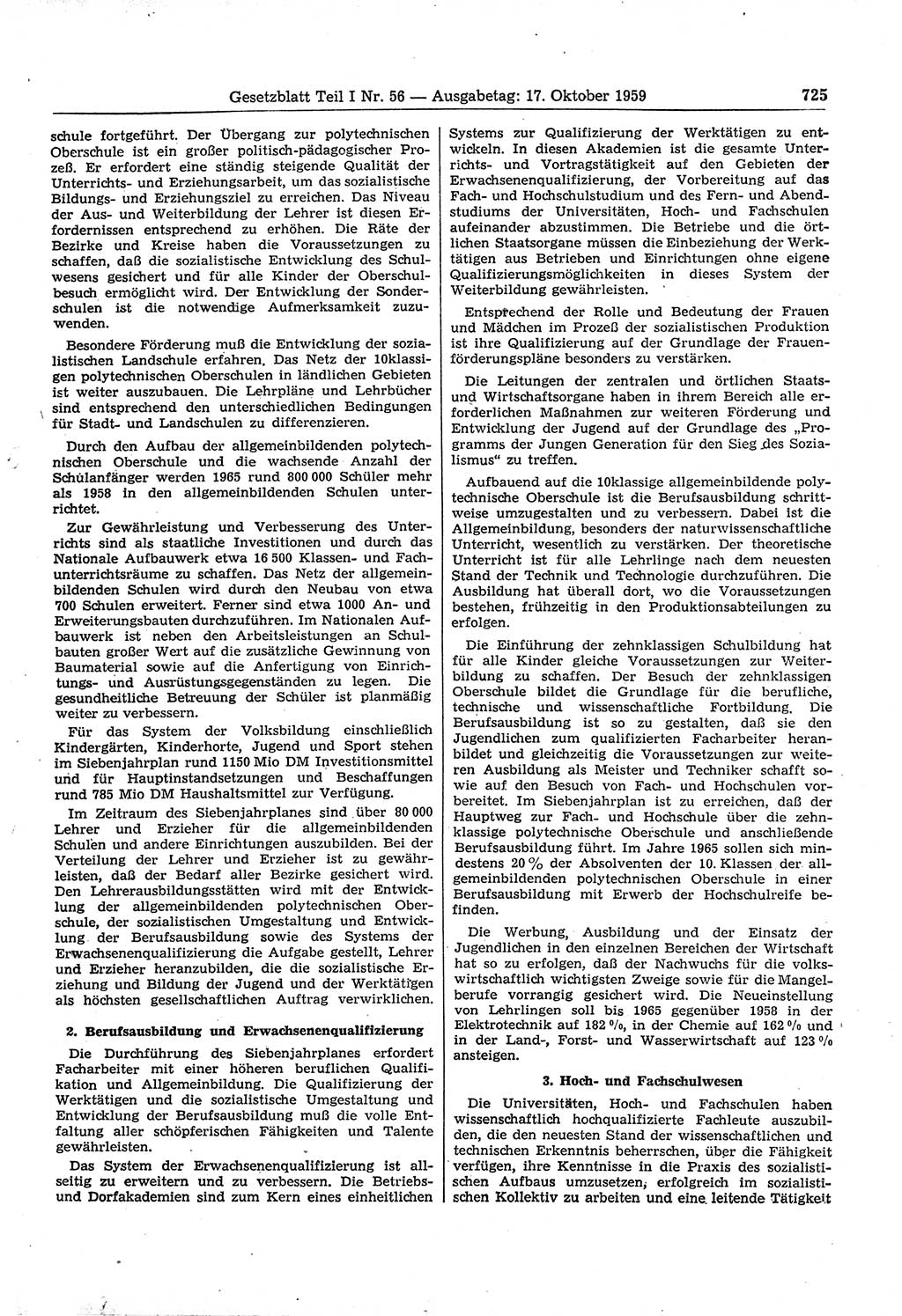 Gesetzblatt (GBl.) der Deutschen Demokratischen Republik (DDR) Teil Ⅰ 1959, Seite 725 (GBl. DDR Ⅰ 1959, S. 725)