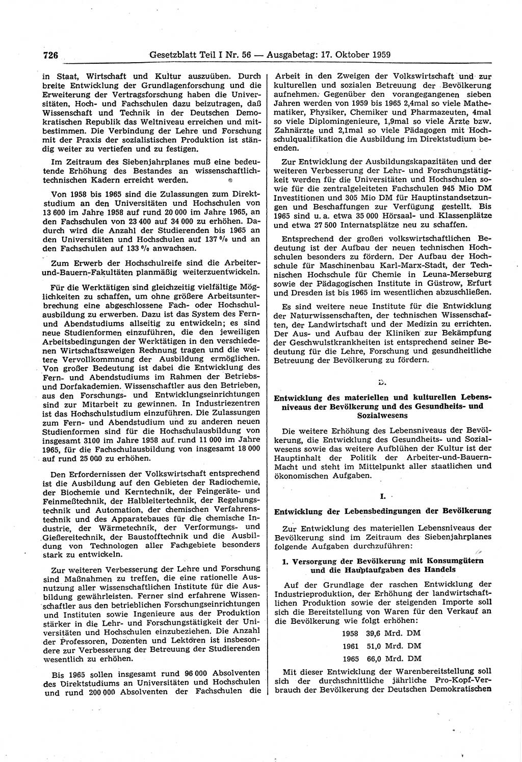 Gesetzblatt (GBl.) der Deutschen Demokratischen Republik (DDR) Teil Ⅰ 1959, Seite 726 (GBl. DDR Ⅰ 1959, S. 726)