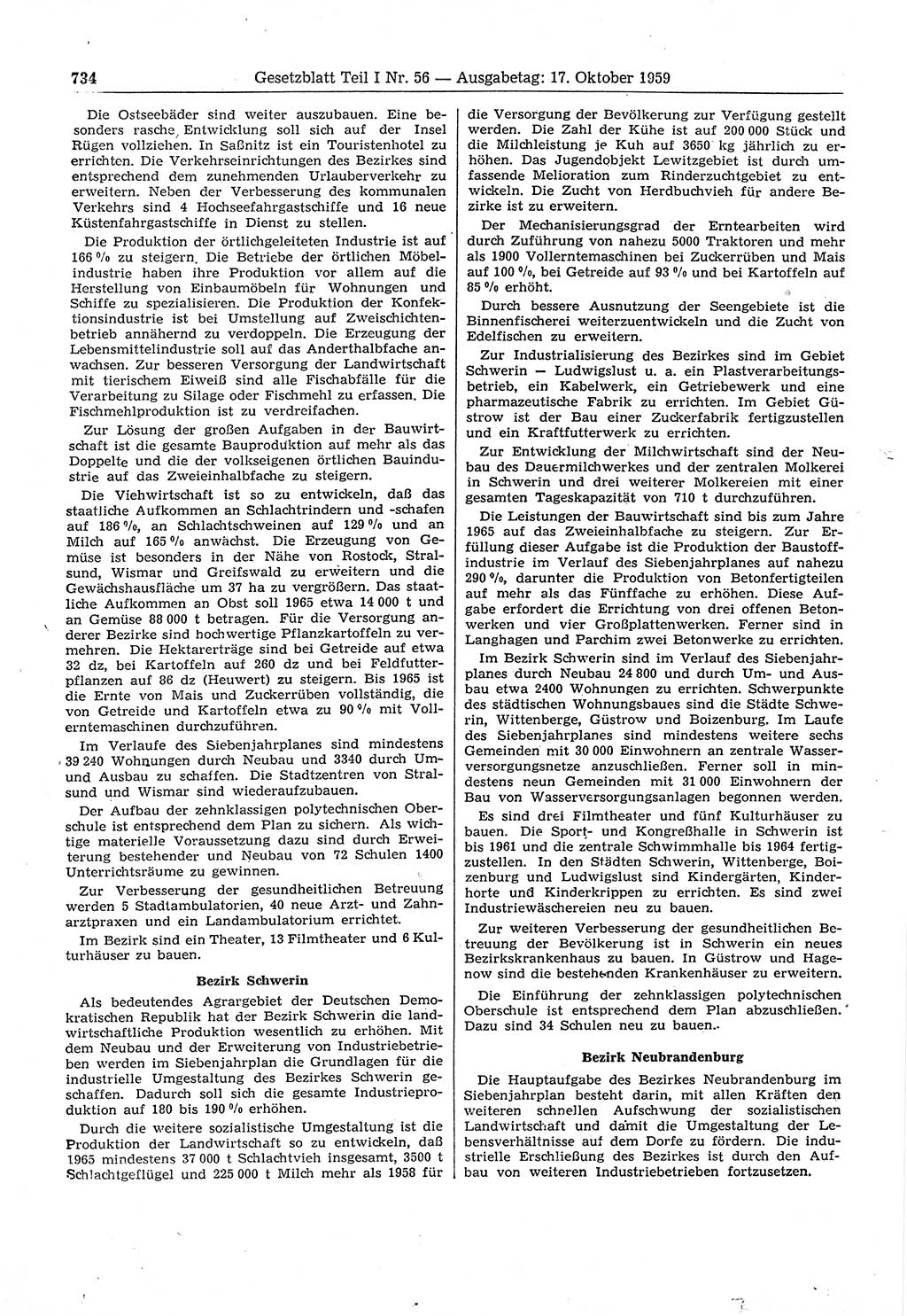Gesetzblatt (GBl.) der Deutschen Demokratischen Republik (DDR) Teil Ⅰ 1959, Seite 734 (GBl. DDR Ⅰ 1959, S. 734)