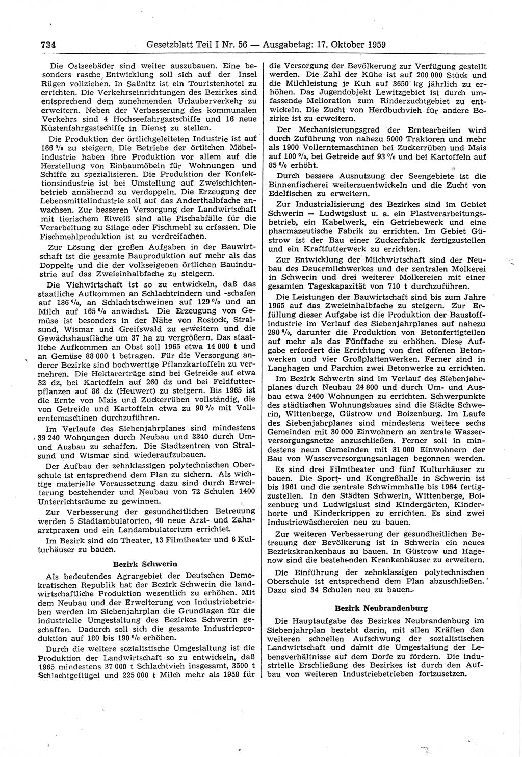 Gesetzblatt (GBl.) der Deutschen Demokratischen Republik (DDR) Teil Ⅰ 1959, Seite 734 (GBl. DDR Ⅰ 1959, S. 734)