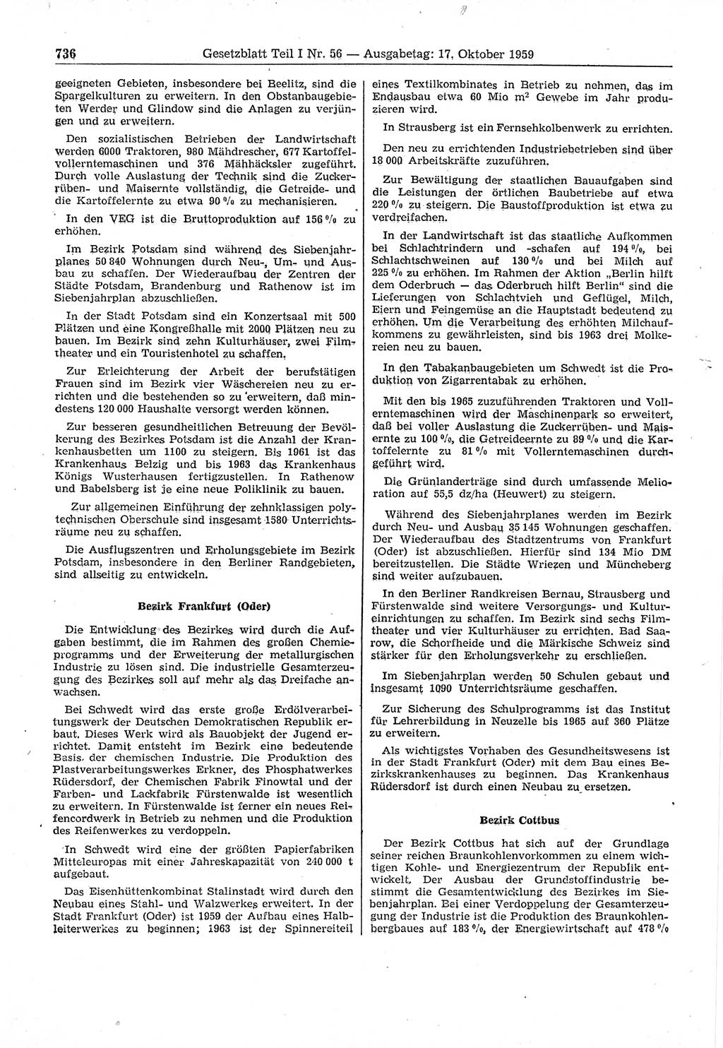 Gesetzblatt (GBl.) der Deutschen Demokratischen Republik (DDR) Teil Ⅰ 1959, Seite 736 (GBl. DDR Ⅰ 1959, S. 736)