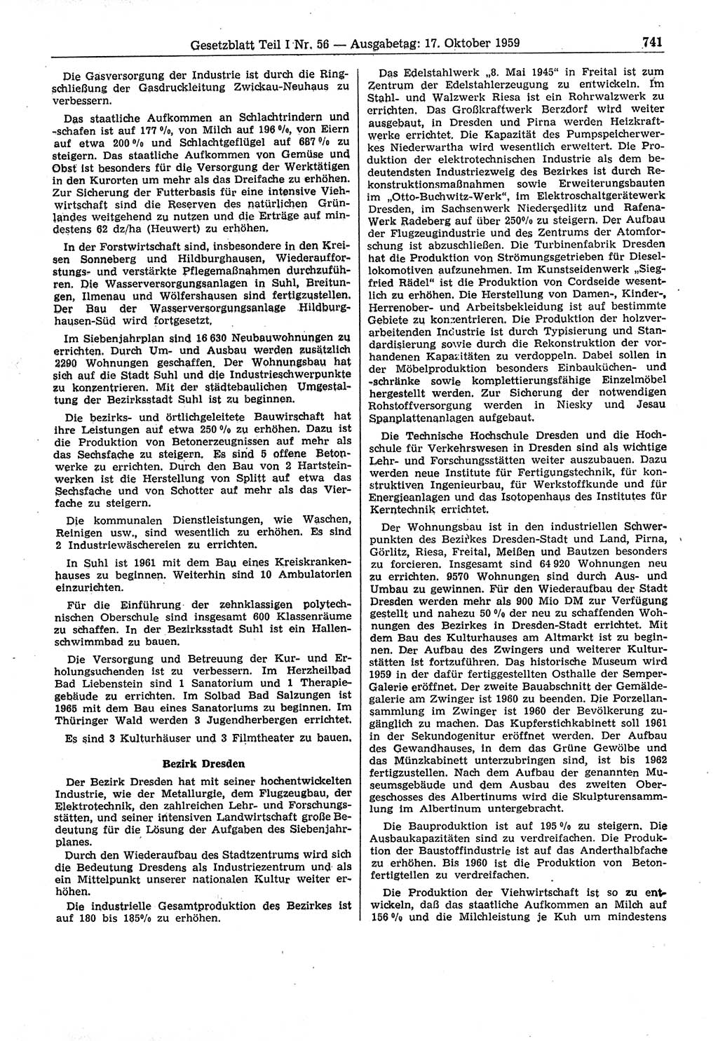 Gesetzblatt (GBl.) der Deutschen Demokratischen Republik (DDR) Teil Ⅰ 1959, Seite 741 (GBl. DDR Ⅰ 1959, S. 741)