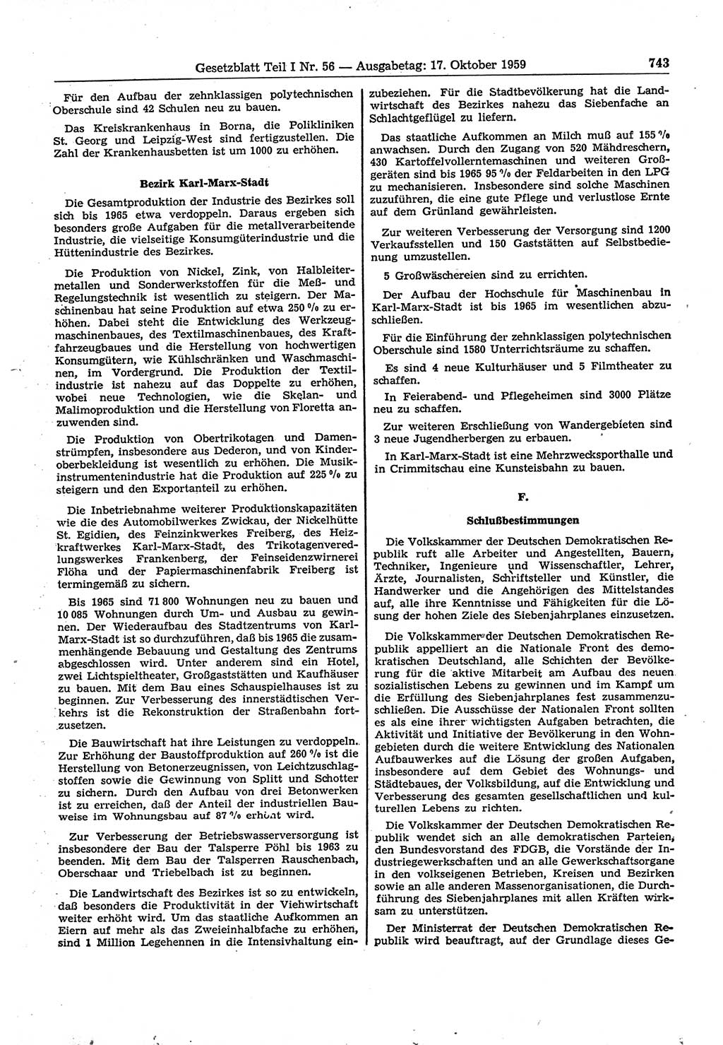 Gesetzblatt (GBl.) der Deutschen Demokratischen Republik (DDR) Teil Ⅰ 1959, Seite 743 (GBl. DDR Ⅰ 1959, S. 743)
